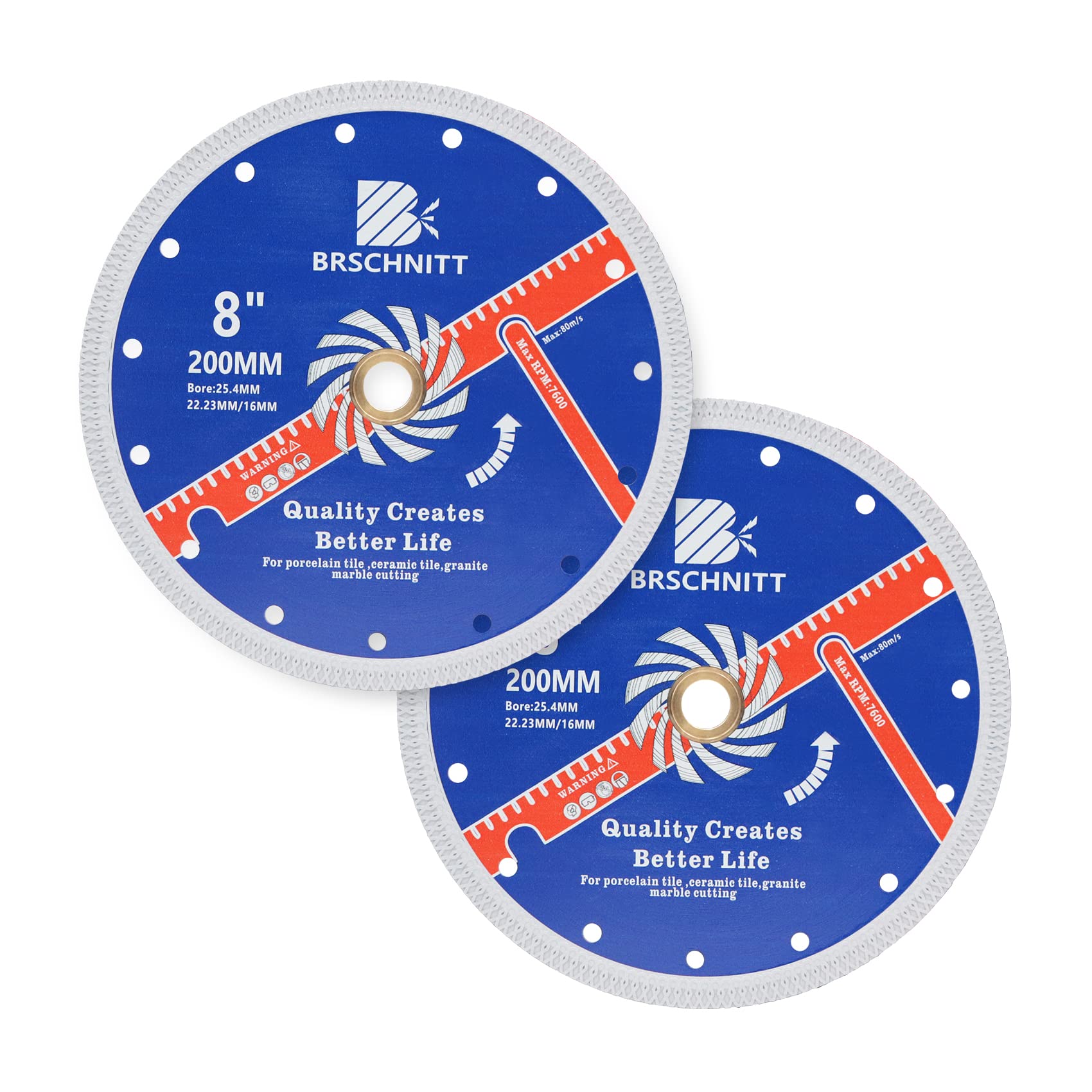 Super Thin Diamond Porcelain Saw Blade with X Teeth,BRSCHNITT 2pcs 200mm x Arbor 25.4mm-22.23mm-16mm Angle Grinder Diamond Cutting Disc for Dry/Wet Cutting Porcelain Tile Ceramic Marble Granite