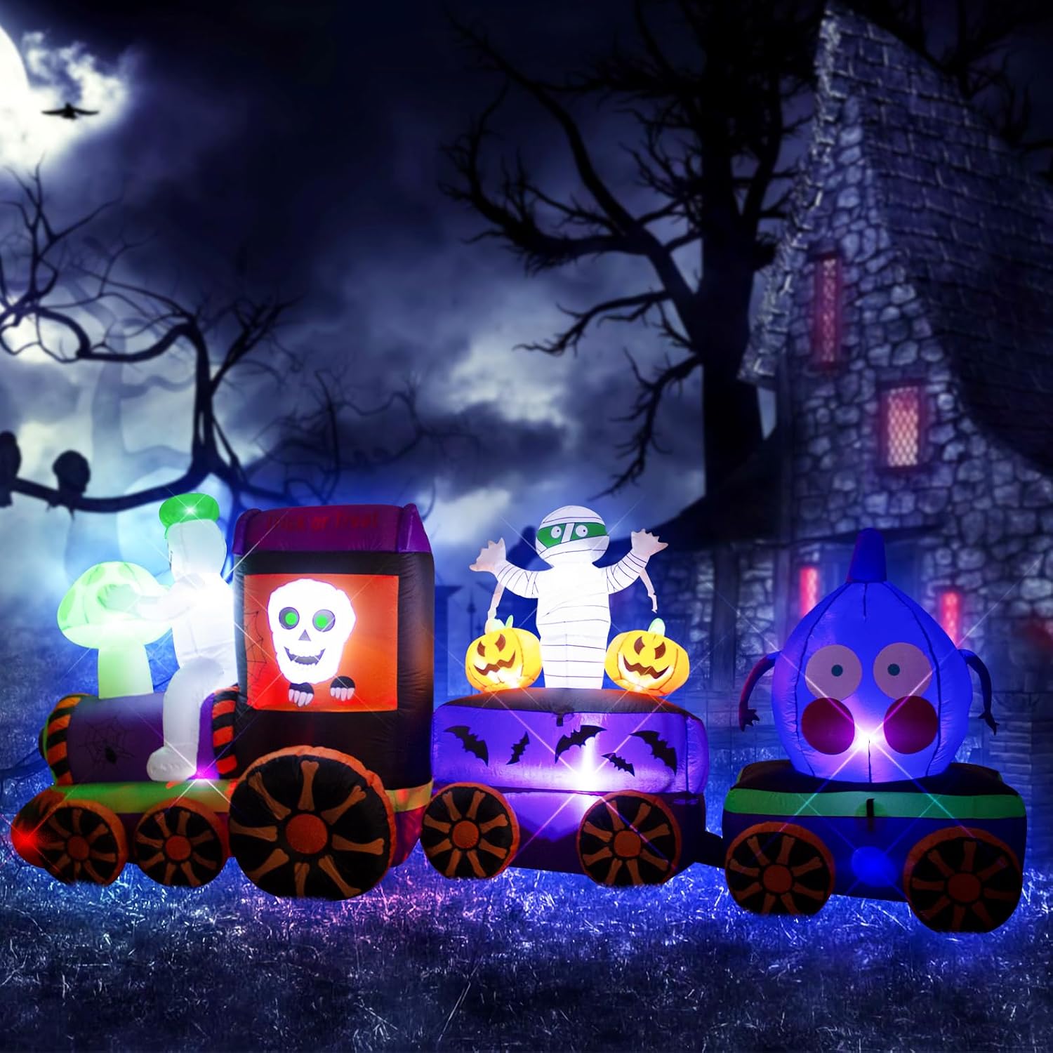 11FT Halloween Inflatables Ghost Train with Mushroom Onion Heads and Mummies Skulls, Built-in LEDs for Halloween Blow Up Indoor Outdoor Decor, Fun Holiday/Party/Yard/Garden Fantasy Display