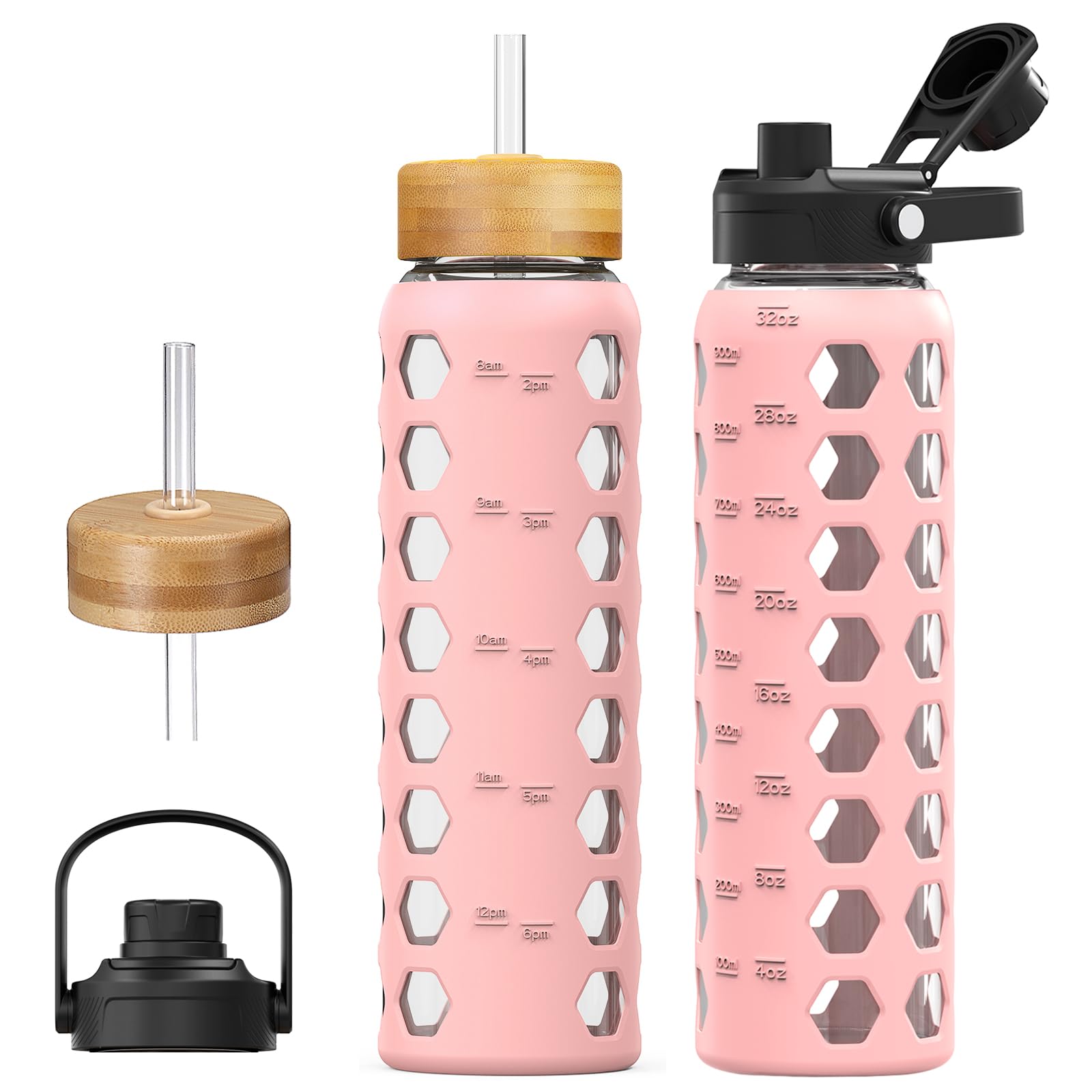 MUKOKO Glass Water Bottles, 32oz Glass Tumbler with Straw, Drinking Bottles with 2 Lids-Handle Spout Lid&Bamboo Straw Lid, Motivational Water Bottle