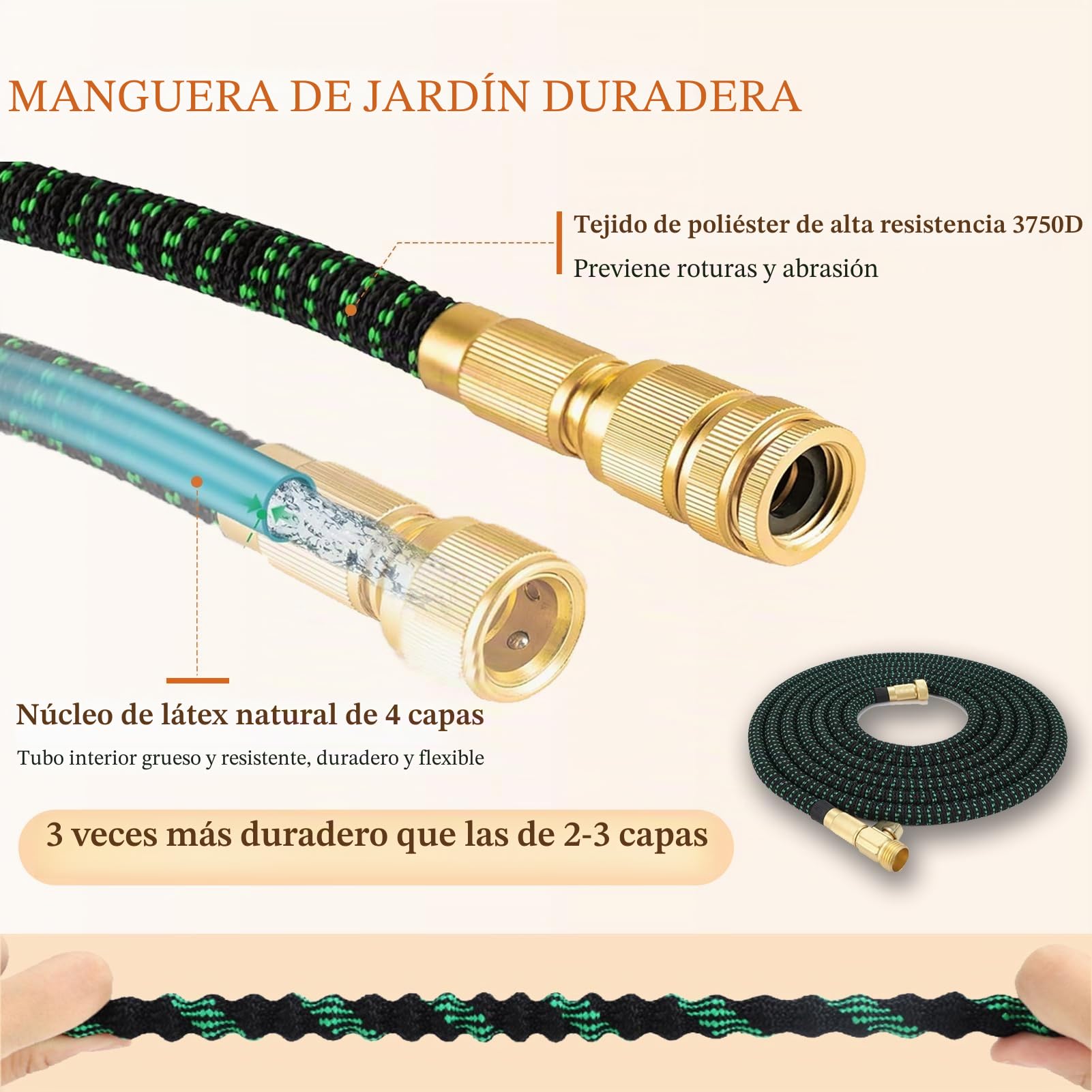 Manguera de Jardín Extensible 50m – Anti-Fugas con 10 Modos de Rociado, Tejido 3450D Reforzado y Conectores Metálicos – Ligera y Plegable para Terraza (100FT/30M,Green)