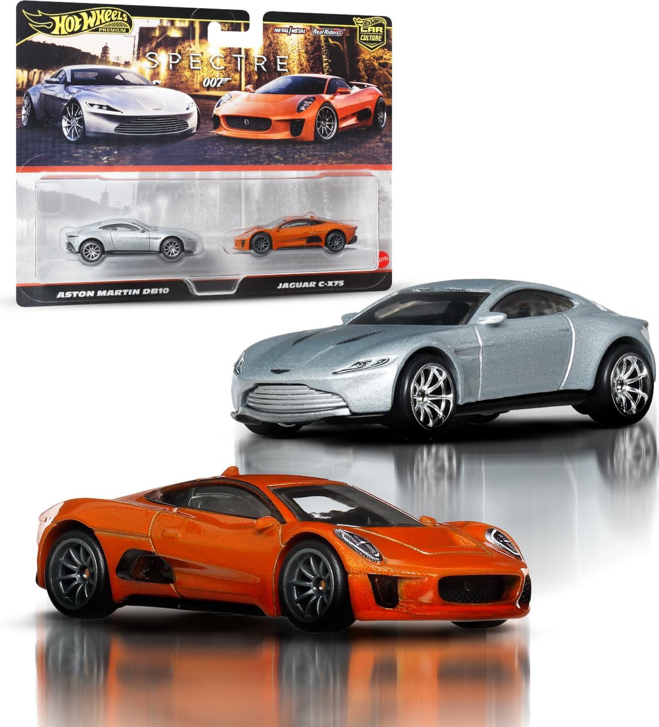 Hot Wheels Premium 2 Pack Aston Martin DB10/Jaguar C-X75 Ride On Toy Mini Car Ages 3+ Multi JBL04
