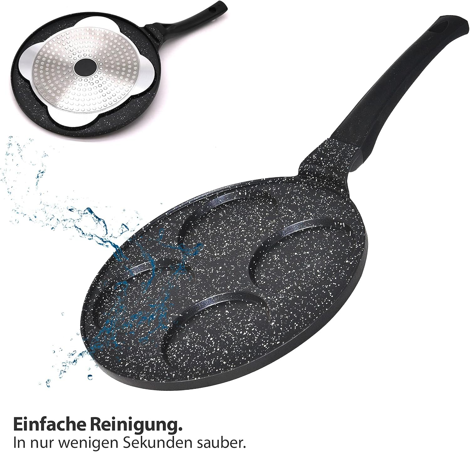 Amalindo Pancake Pfanne Ø 26 cm mit 4 Mulden – Spiegeleipfanne aus Aluguss mit Marmor-Antihaftbeschichtung, PFOA-frei, für Induktion, Ceran, Gas & Elektro – für Pfannkuchen, Eier, Poffertjes