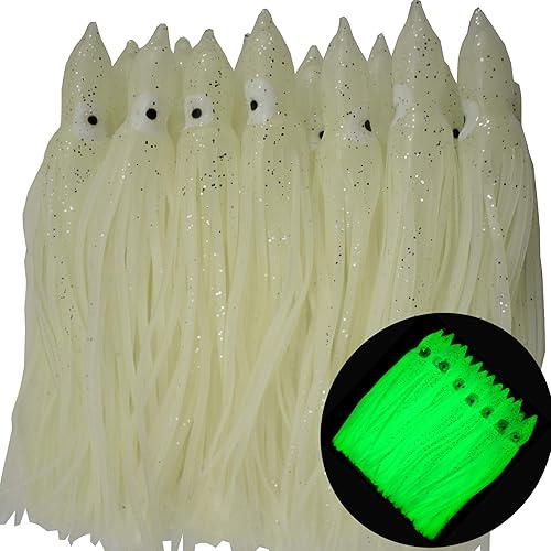 Miniatura 5 de Luminoso pulpo calamar falda señuelos cebo que brilla en la oscuridad, señuelo de pesca suave para pesca de agua salada, 6 pulgadas/5.9 in, blanco