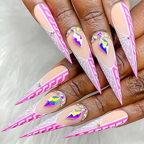 Uñas postizas a presión de almendra rosa, punta francesa, uñas postizas largas de aguja acrílicas, con diseños de diamantes de imitación, uñas