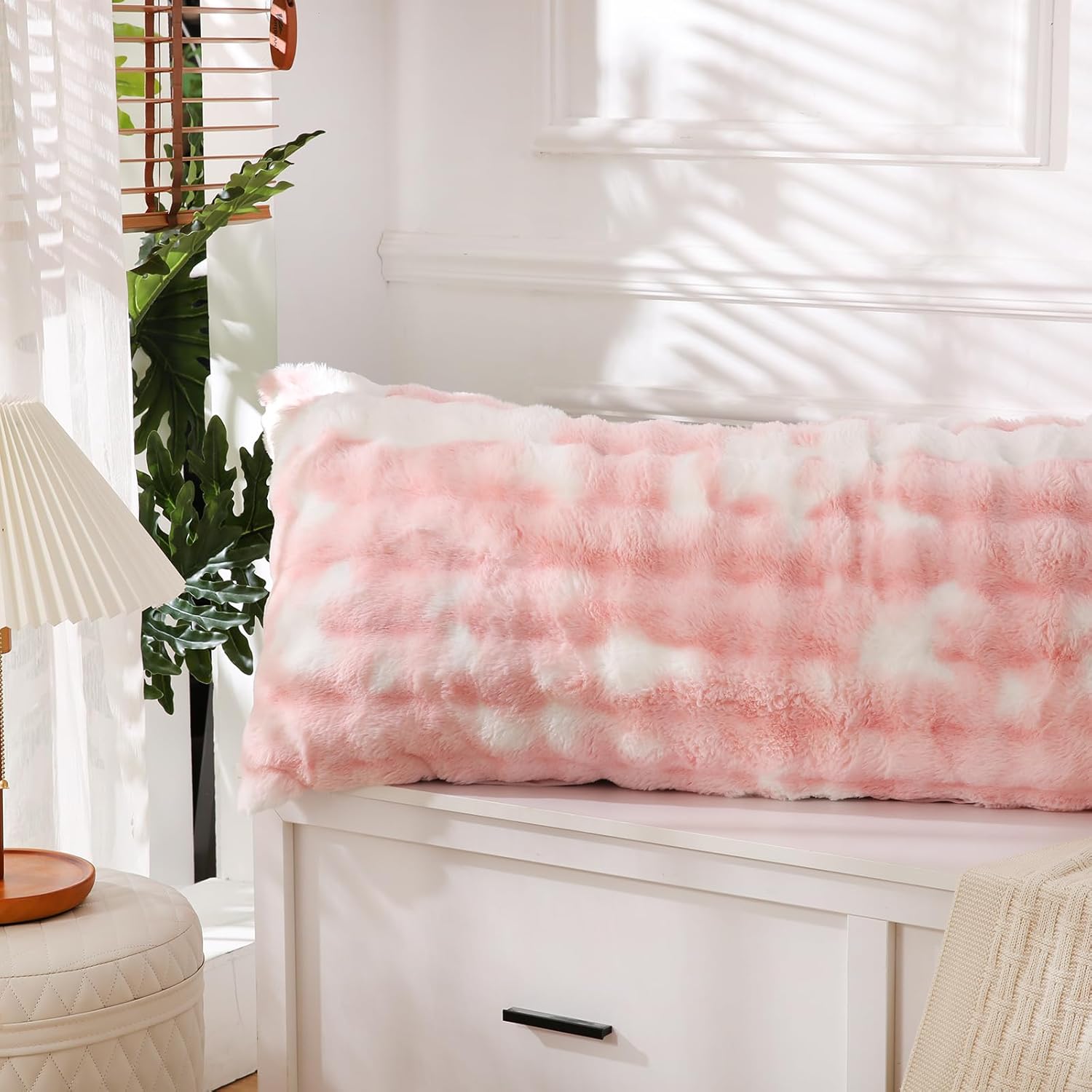 Pink Fluffy Body Pillow Cover Faux Fur Pillowcase Extra Soft Fuzzy Plush Long Pillow Cover Gradient Pink Shaggy Body Pillow Case for Couch Sofa Bed, 20 x 54 Inches