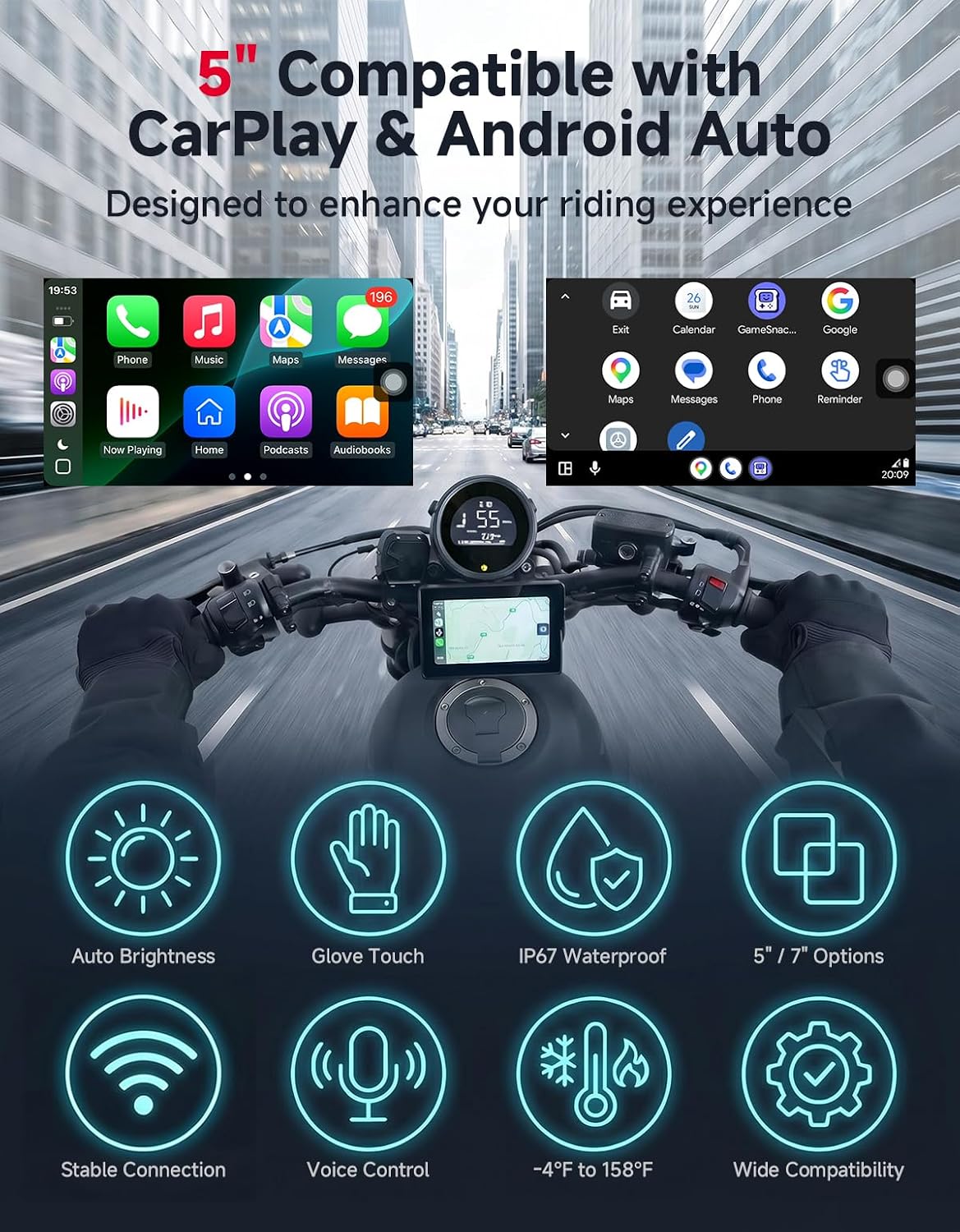 KEMIMOTO 5 Inch Motorcycle Screen, Auto Brightness – Wireless CarPlay & Android Auto, Waterproof GPS Navigation Display with Handlebar Mount – for Road, Touring, Adventure