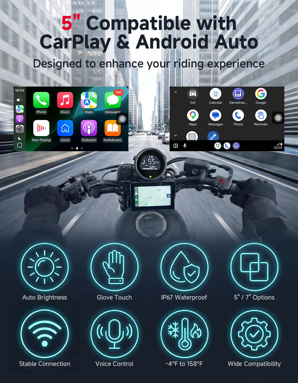 KEMIMOTO Schermo CarPlay per Moto 5 Pollici, Wireless Apple CarPlay e Android Auto, Navigazione GPS Moto IP67 Impermeabile, Compatibile con Guanti, Luminosità Automatica, Schermo HD a Colori