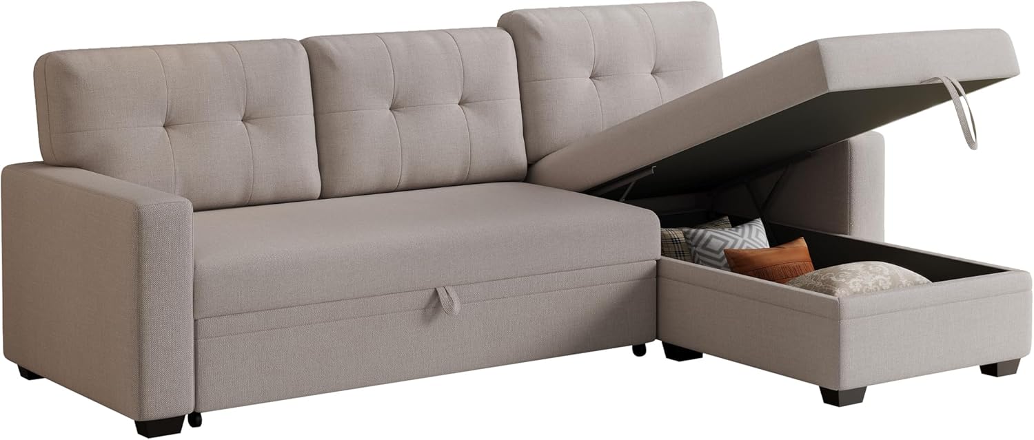 82" Sectional Sleeper Sofa Bed,Convertible L Shaped Pull Out Couch with Storage Chaise&Removable Back Cushion,Reversible Sofa-Bed W/Linen Tufted Fabric for Livingroom,Office,Apartment,Beige