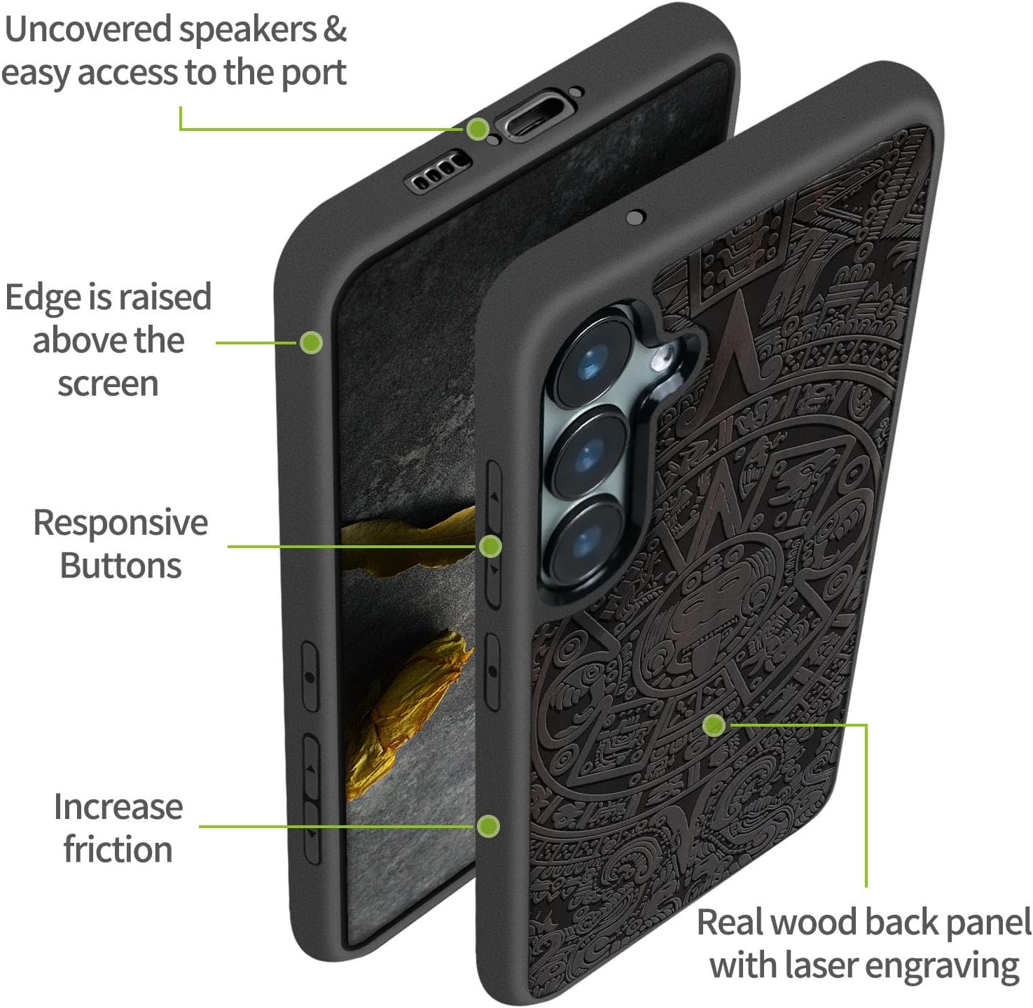 Carveit for Galaxy S23 FE Case Natural Wood Black Soft TPU Maya Calendar-Blackwood Wood Case Compatible with S23 FE | Shockproof, Protective Cover, Unique Wooden Design
