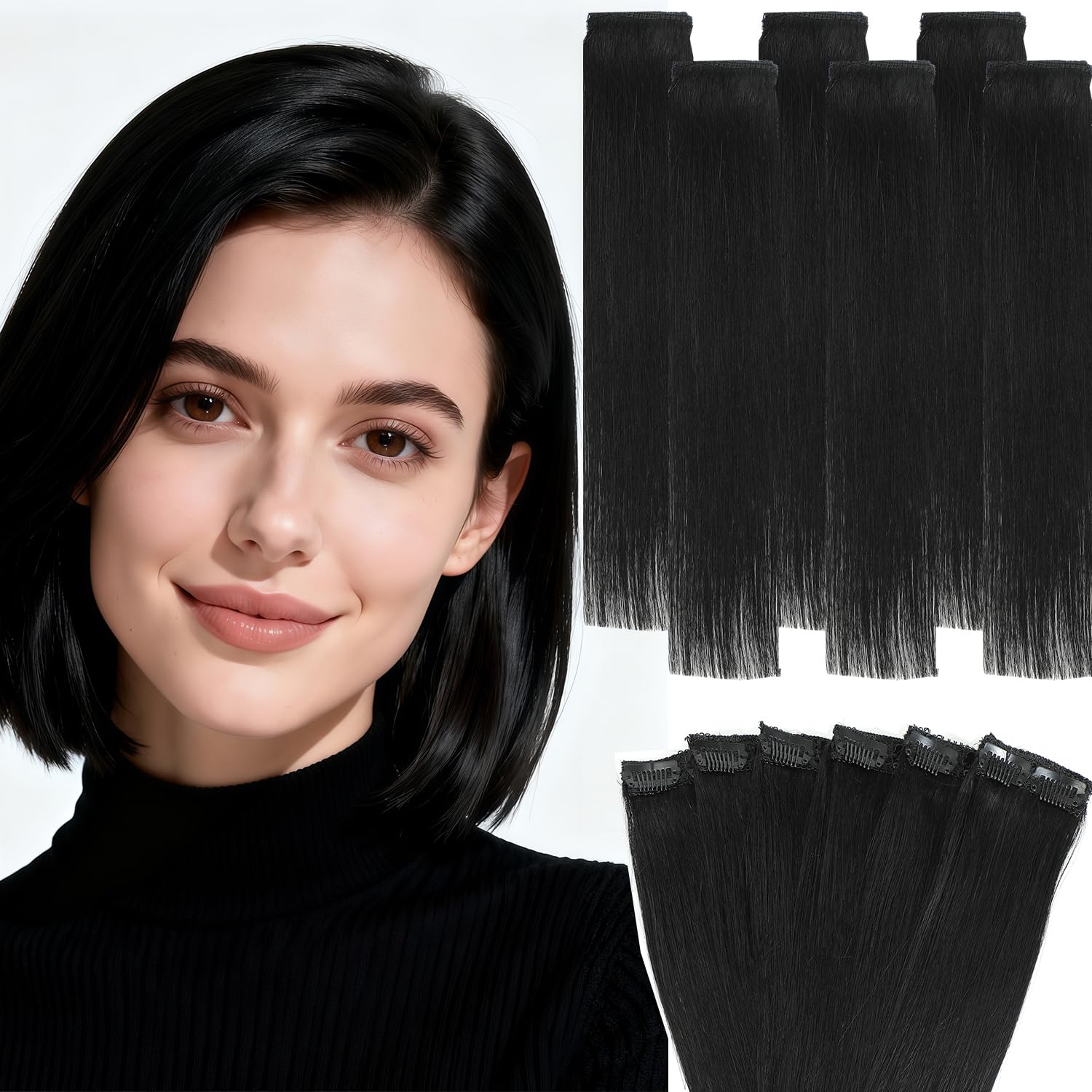 Photo 1 of Clip in Hair Extensions Real Human Hair, 10 Inch Short Invisible Remy Human hair Clip in Extensions for Women Seamless Straight 6 Pcs Per Set with Double Weft (Black, 10 Inch)