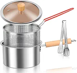 Panela de fritura de aço inoxidável panela de fritadeira japonesa com tampa braçadeira de alimentos e escorredor de óleo, 7 × 7 × 4 polegadas economia de óleo pequena fritadeira profunda para