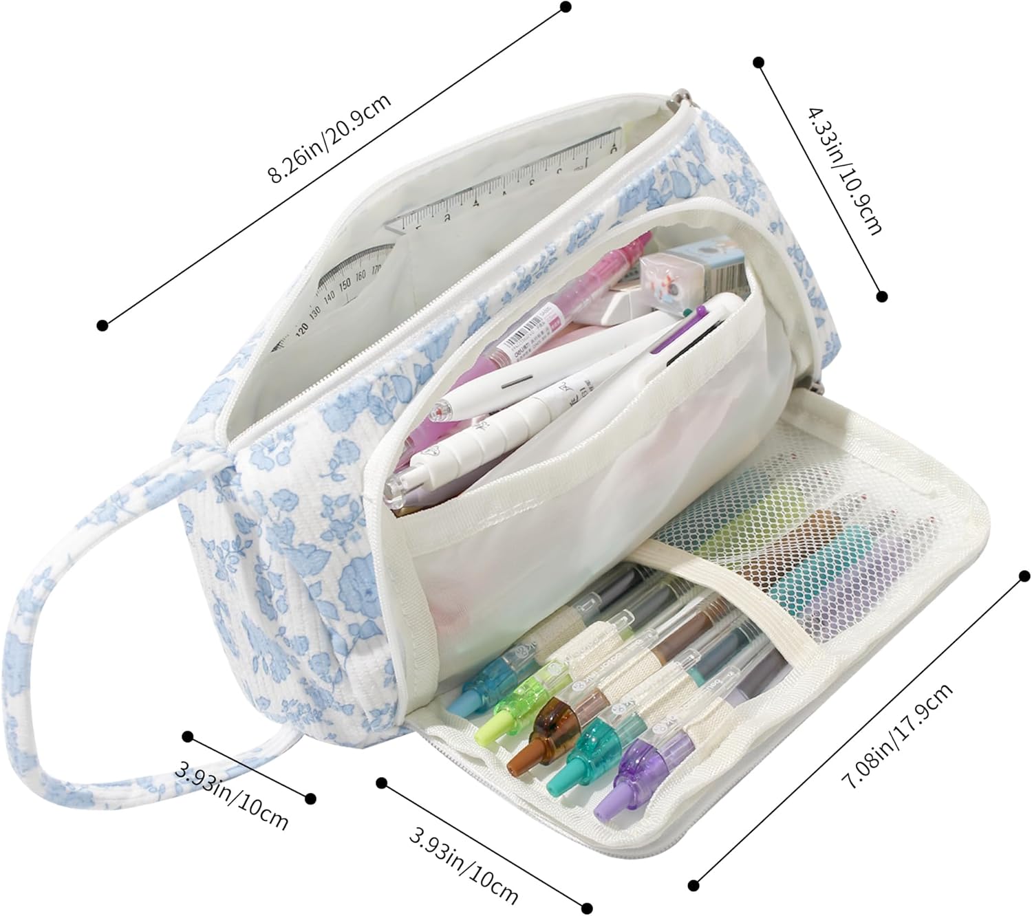 Large Pencil Case Pouch School Supplies Aesthetic Stationery Pen Bag for Girls Kids (D Navy blue flower) - Image 7