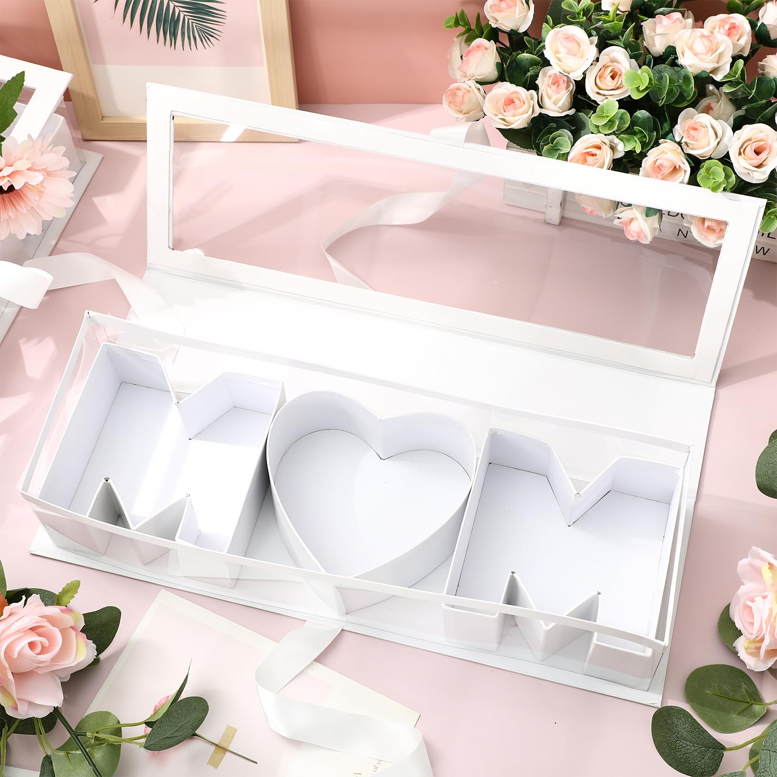 JarThenaAMCS 2Pcs Mother's Day Floral Paper Box Empty MOM Letter Shaped Flower Packaging Box for Birthday Party Favors Flower Candy Chocolate Decor, White
