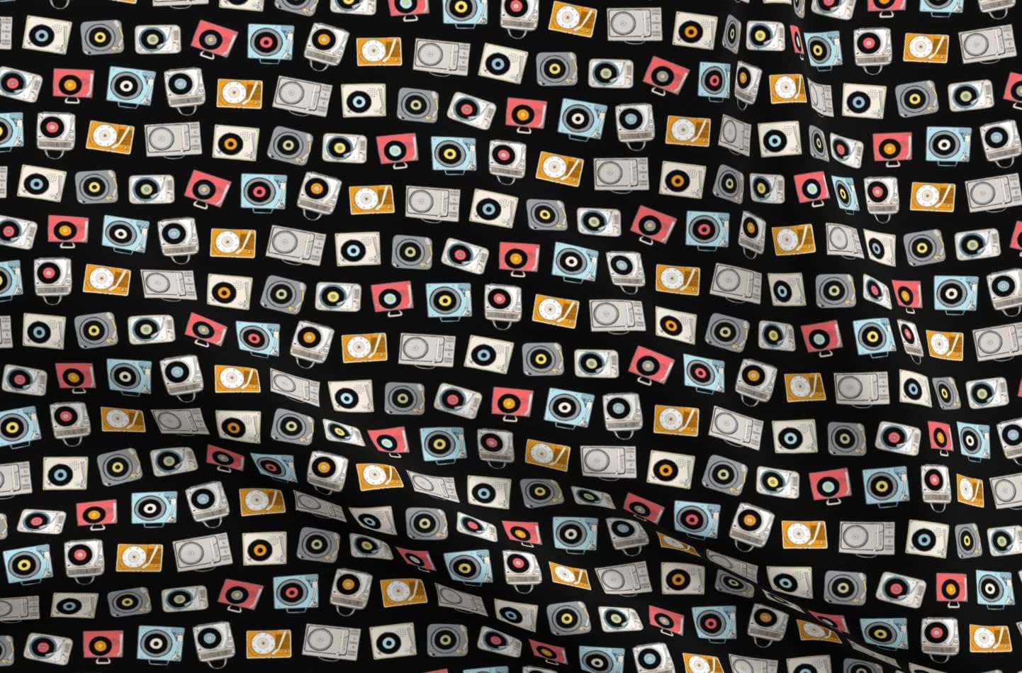 Spoonflower Fabric - Black Vintage Retro Player Records Music 1960S 1970S 1980S Geek Chic Printed on Petal Signature Cotton Fabric by The Yard - Sewing Quilting Apparel Crafts Decor