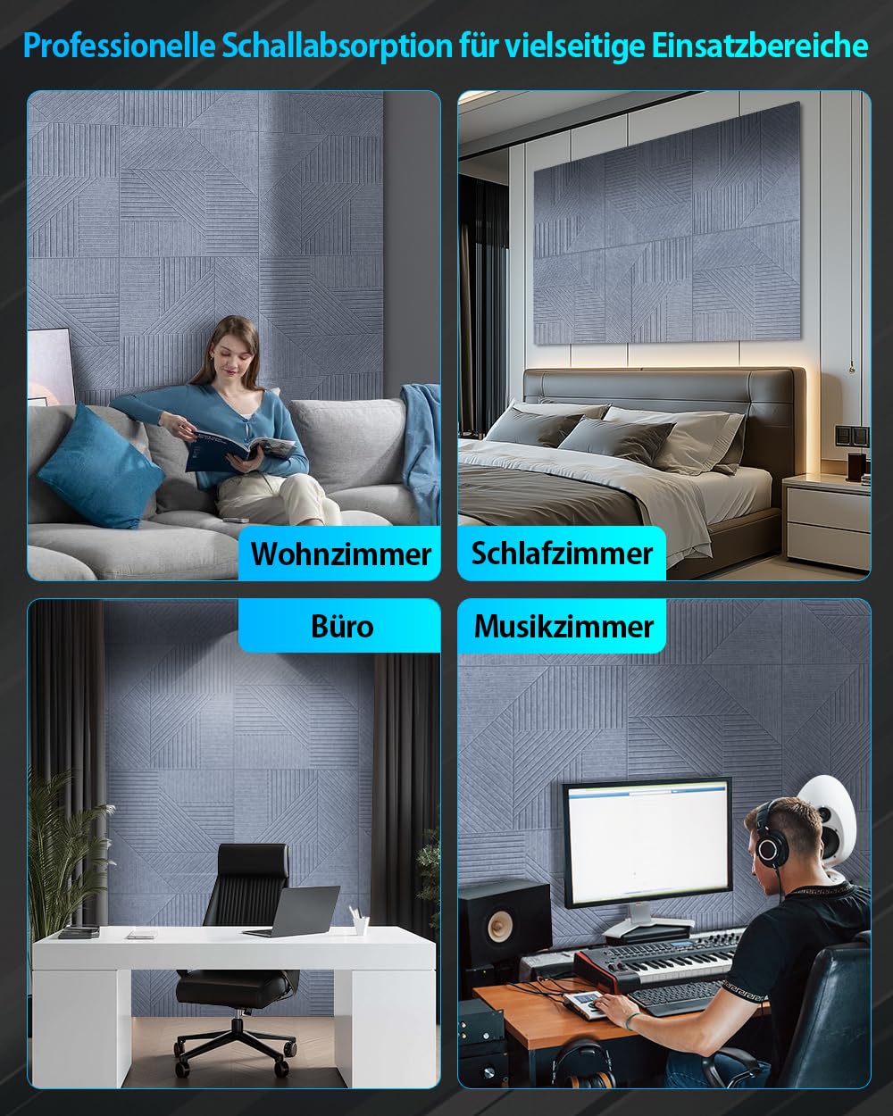 6 paneles acústicos autoadhesivos, 60 x 60 x 1,2 cm, paneles acústicos de poliéster para aislamiento acústico, paneles de aislamiento acústico de alta densidad, absorbentes de sonido, pared