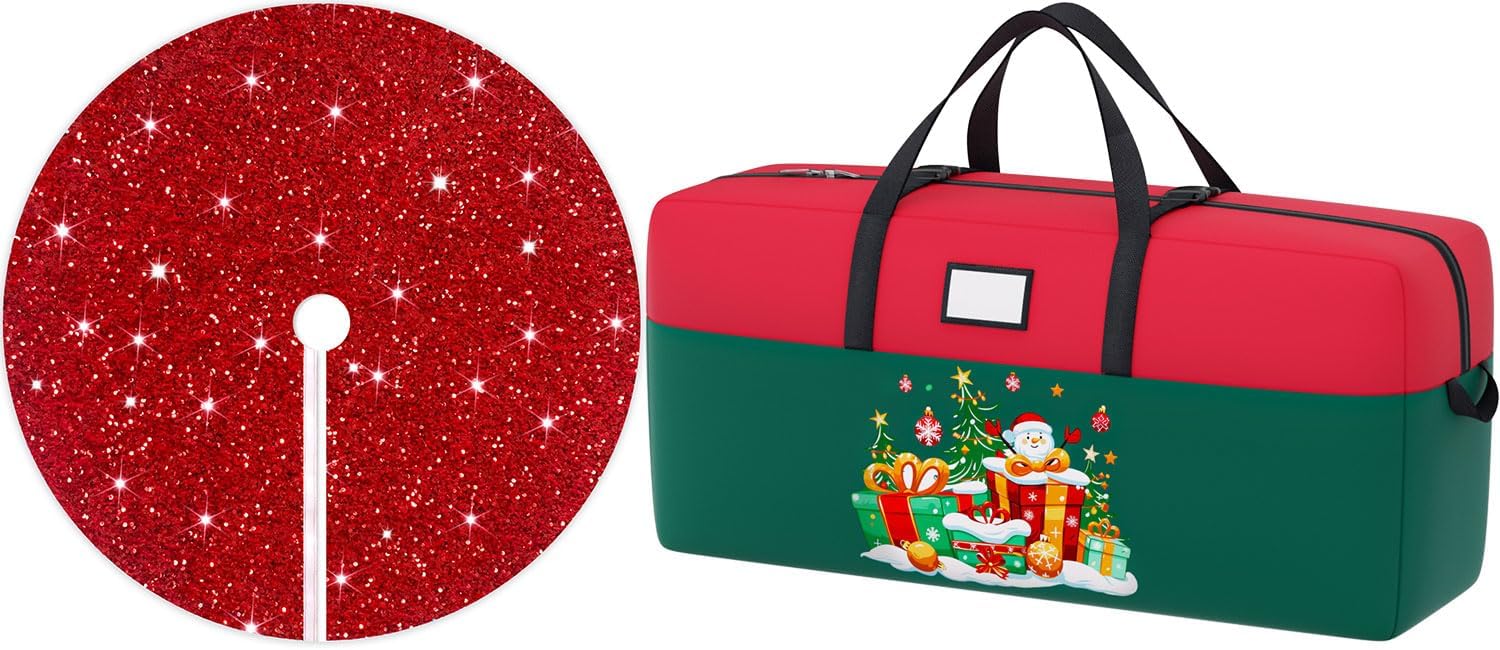 Red Christmas Tree Skirt Christmas Tree Storage Bag Bundle 36 Inches Christmas Tree Skirts 600D Oxford Fabric Green Heavy Duty Christmas Tree Bags 7.5ft for Party Christmas Decor