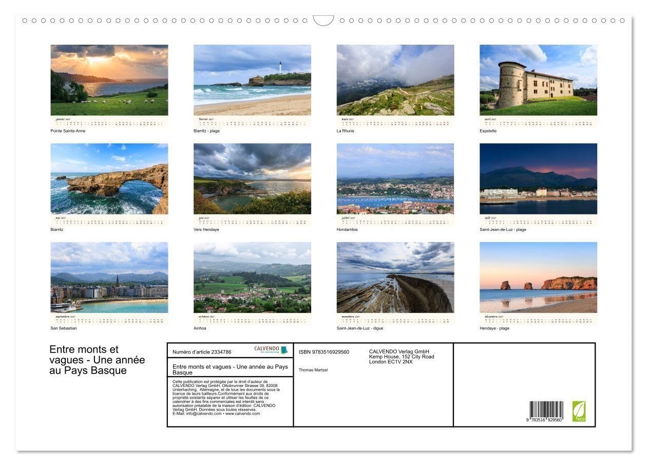 Entre monts et vagues - Une année au Pays Basque (Calendrier mural 2027 DIN A2 vertical), CALVENDO calendrier mensuel: Un calendrier dépaysant qui ... et la majesté des monts du Pays Basque.