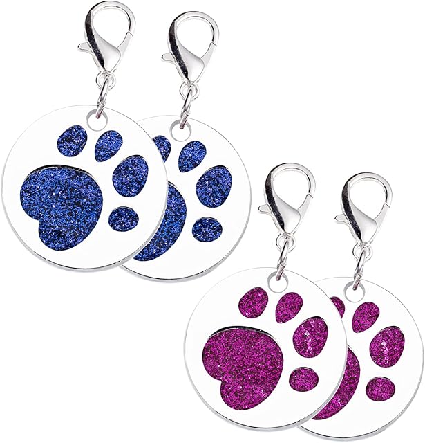 4 Pcs Metal Glitter Paw Dog Tags Personalised Engraved ID Name Tags Dog Cat Pet ID Collar Tags for Cats Dogs Pets