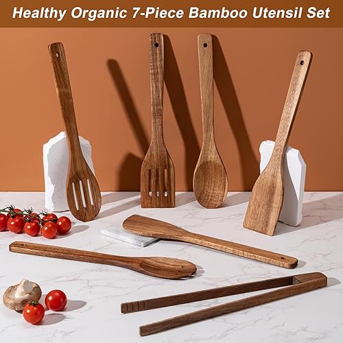 Vista 17 de Cucharas de madera para cocinar 7 piezas, juego de utensilios de cocina de bambú antiadherentes, cuchara de espátula de madera de bambú saludable