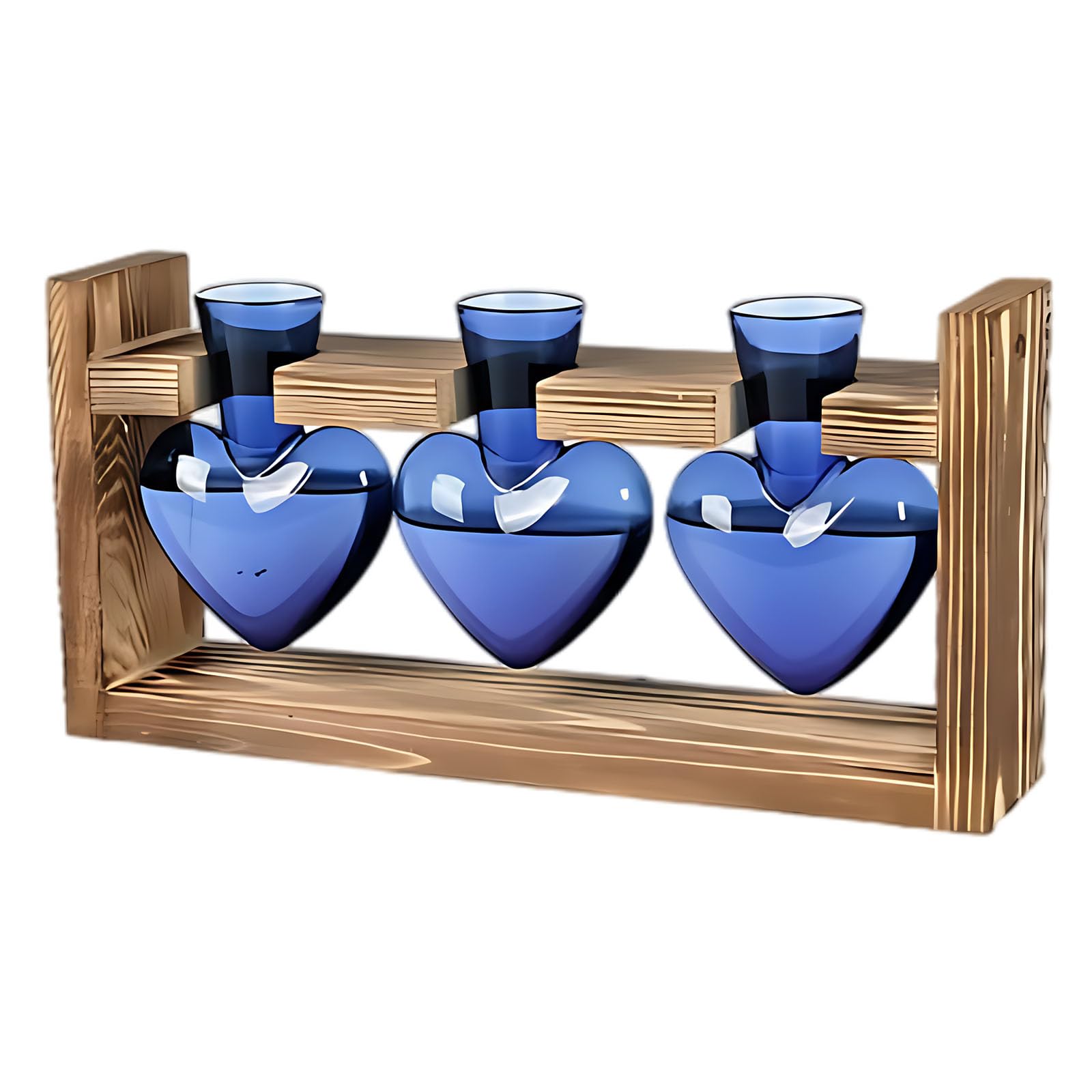 Lot de 3 vases en verre bleu en forme de cœur avec support en bois, stations de propagation pour plantes hydroponiques, centre de table pour décoration d'intérieur, cadeau romantique