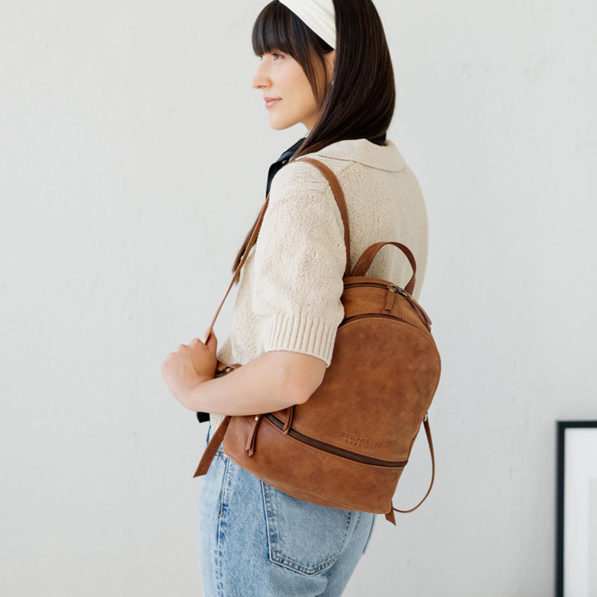 Berliner Bags Vintage Rucksack Florence, Kleine Tagesrucksack, Cityrucksack aus Leder wasserabweisend für Damen - Braun