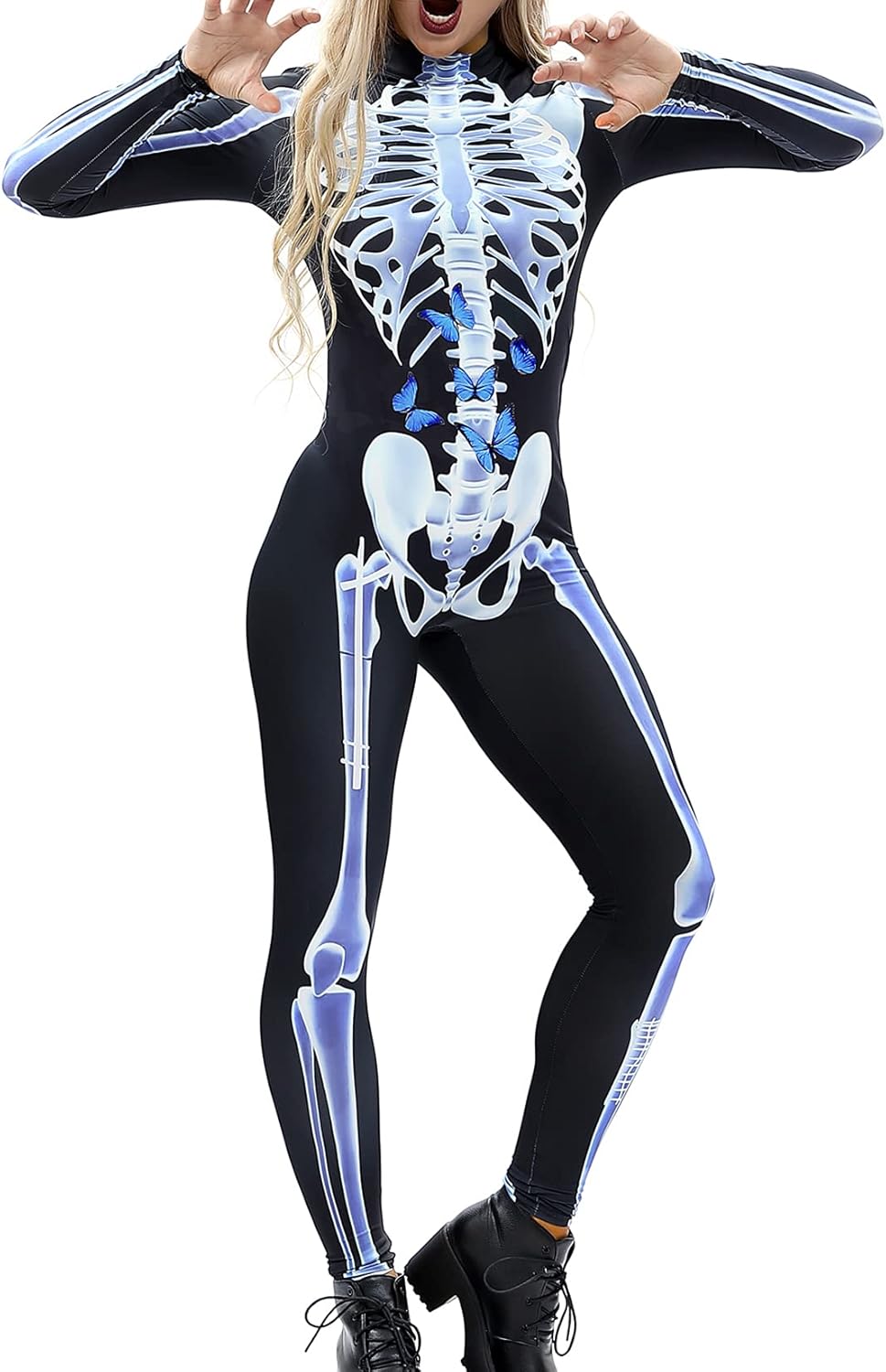 Lu's Chic Women's Skeleton Halloween Costumes Funny Bodysuit Long Sleeve 3D Catsuit Jumpsuit