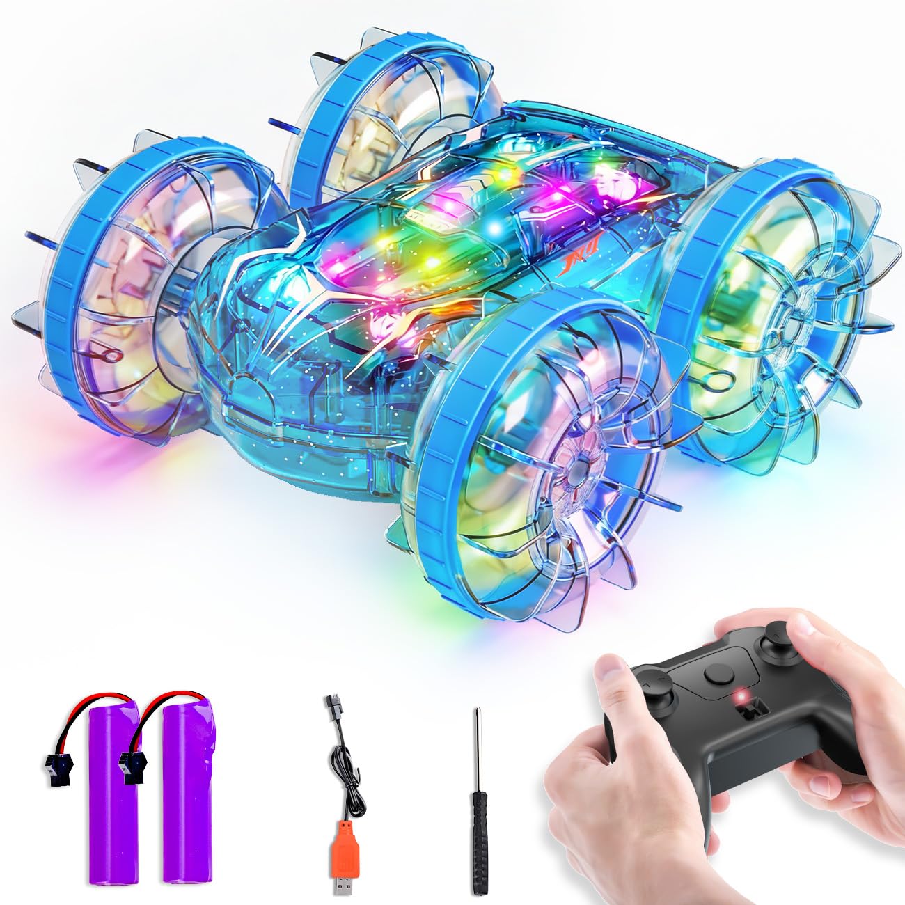 LODBY Amphibious Remote Control Car for Boys, 2.4GHz RC Boat Monster Truck with LED Lights, 4WD All Terrain Stunt Car, Kids Pool Beach Water Toys for