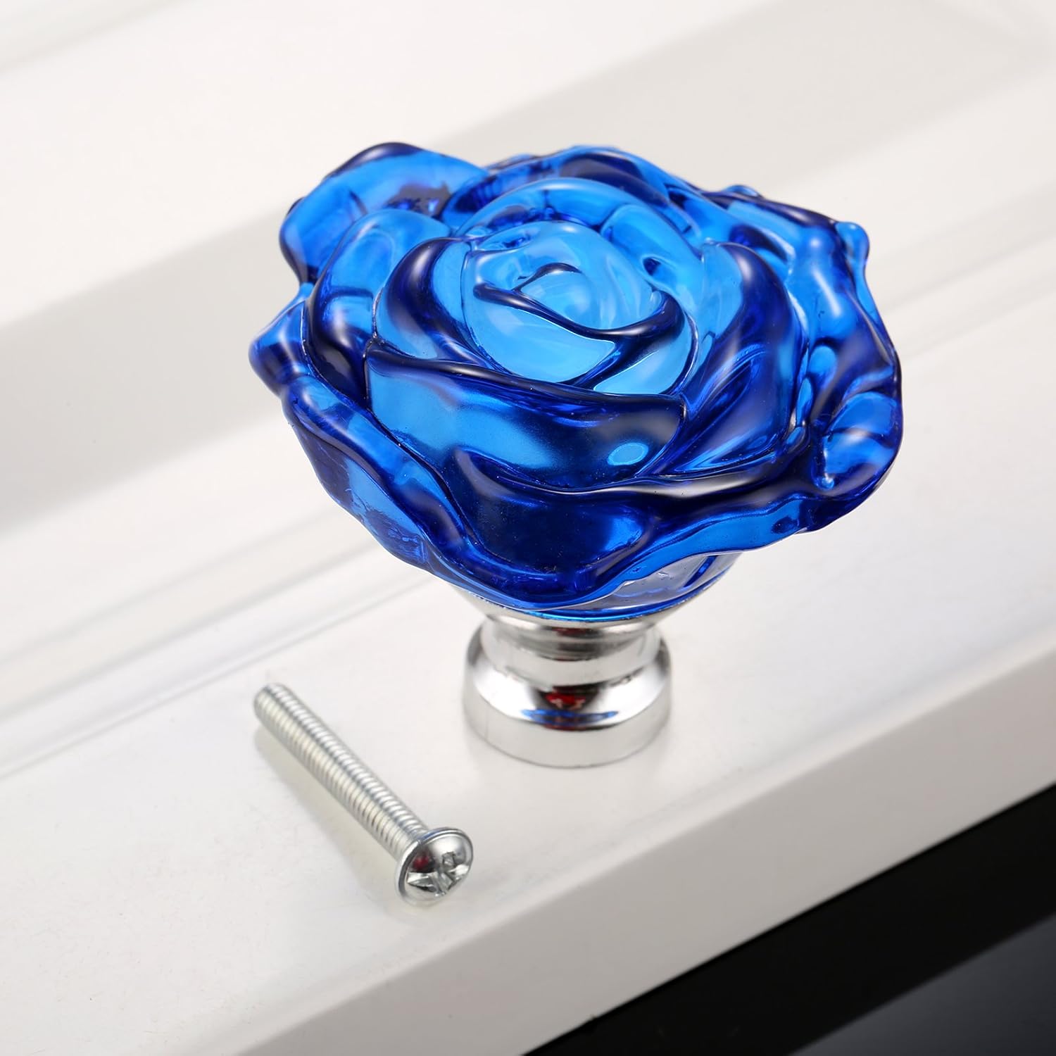 Yetaha Blue Crystal Drawer Knobs, 5PCS Rose Shape Glass Handles Flower Decorative Cabinet Pulls for Dresser Cupboard Bathroom Furniture Hardware Decoration, with Screws