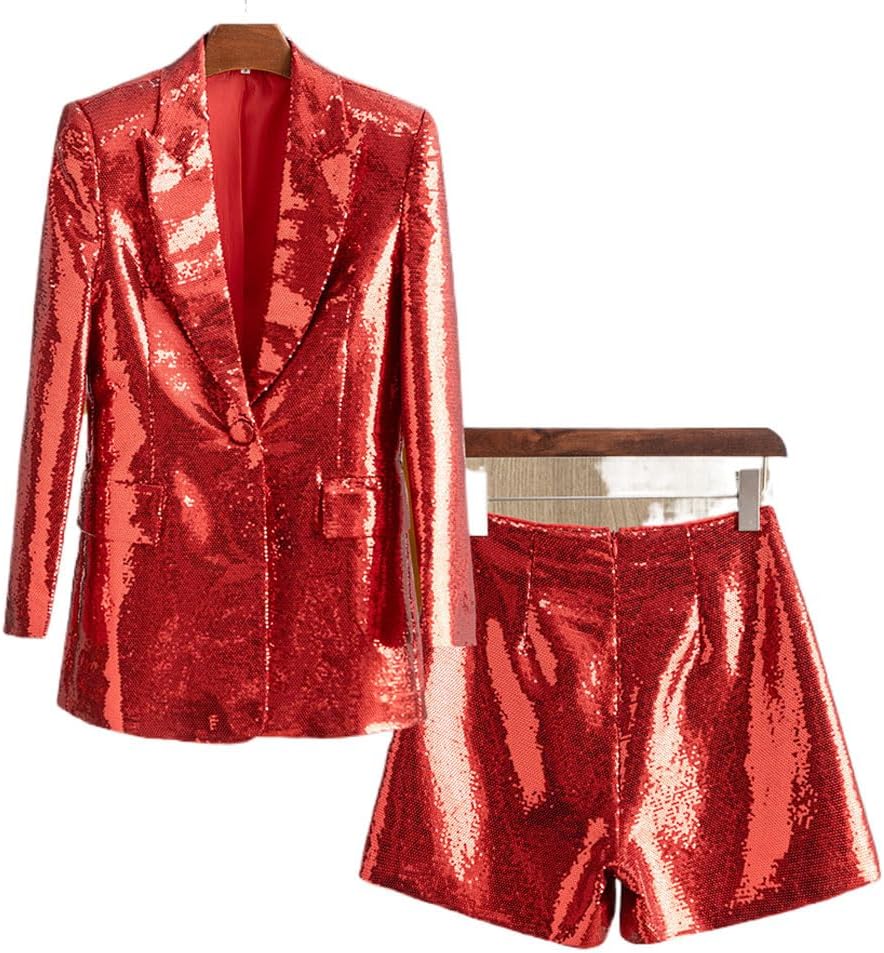 Sequin Blazer and Short Set for Women 2 PC Slim Fit Notch Lapel Prom Party Suit Women's Glitter Suit