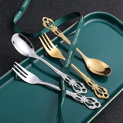 Miniatura 4 de Juego de cubiertos para 14 cubiertos de acero inoxidable estilo palacio, decoración de alivio hueco, 56 piezas, incluye cuchillos, tenedores y