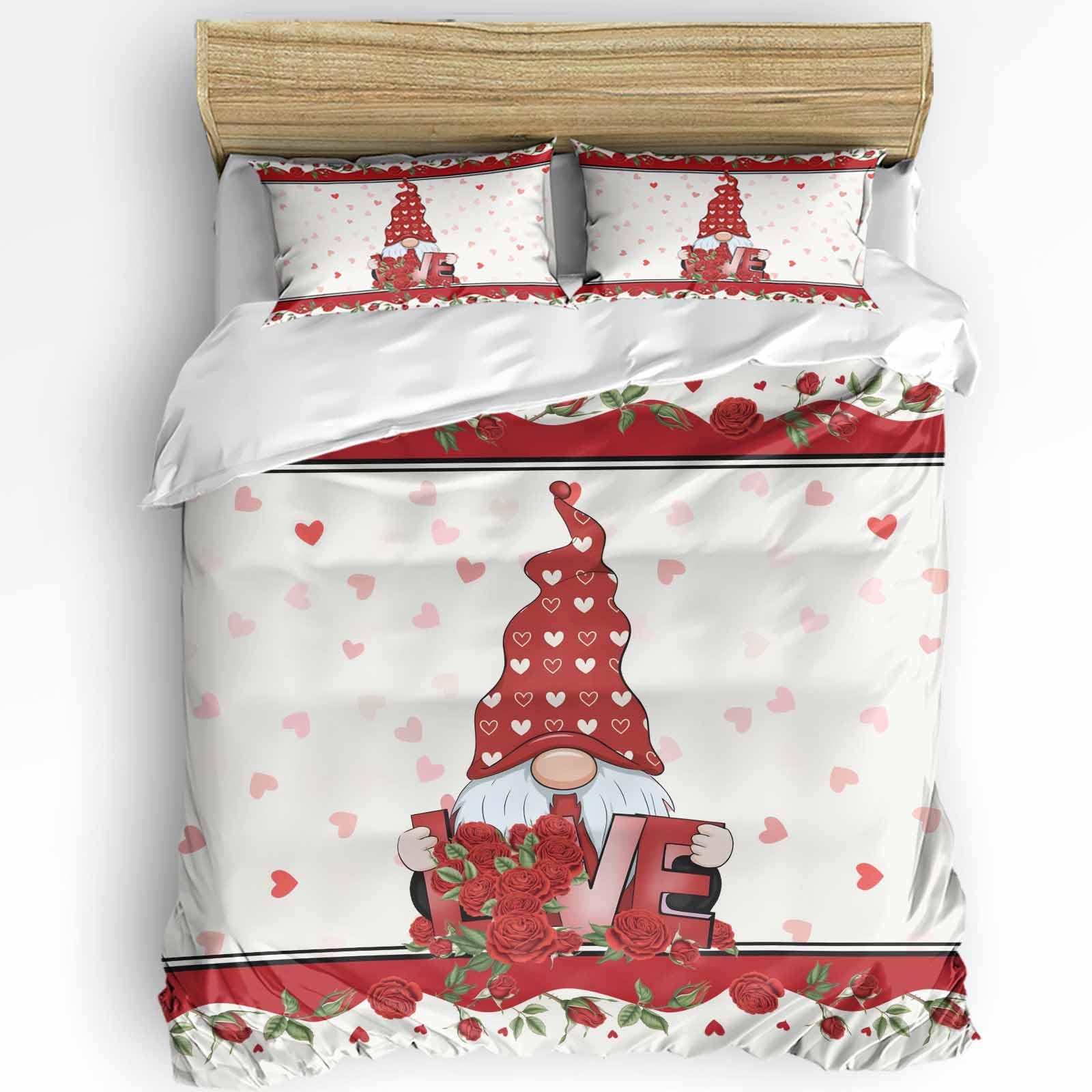 3 Piece Bedding Set Love Dwarf Red Flower Valentines Day Breathable Duvet Cover Super Soft Pillow Shams Romantic
