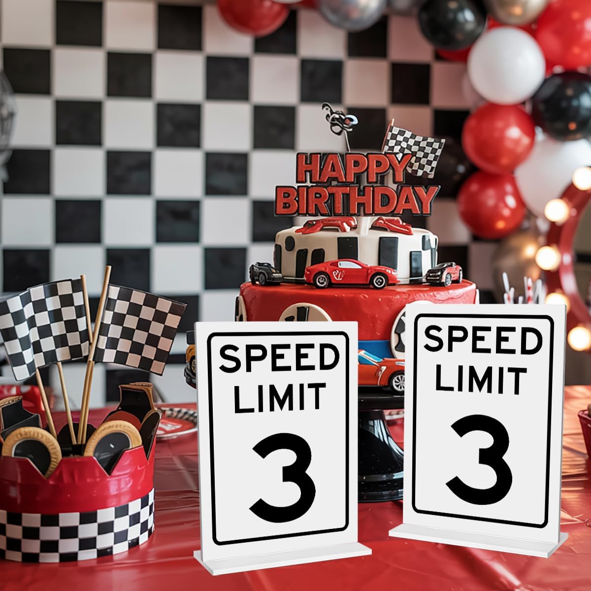 Race Car Birthday Decor, 2PC Speed Limit 3 Sign, Fast One, Race Car Birthday Party Decorations, 5x7 Inches Acrylic Sign With Stand, Let's Go Racing Party Supplies for Boy Race Fans image 2