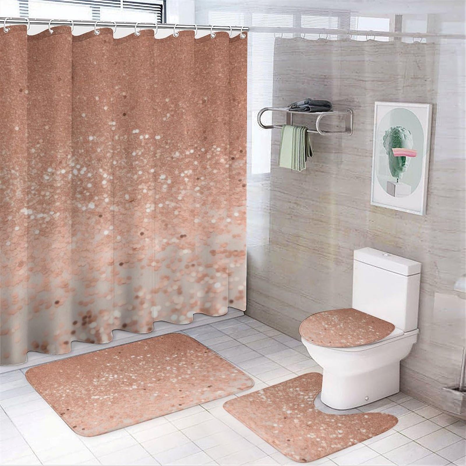Ensemble 4 pièces de salle de bain en polaire corail avec tapis antidérapants