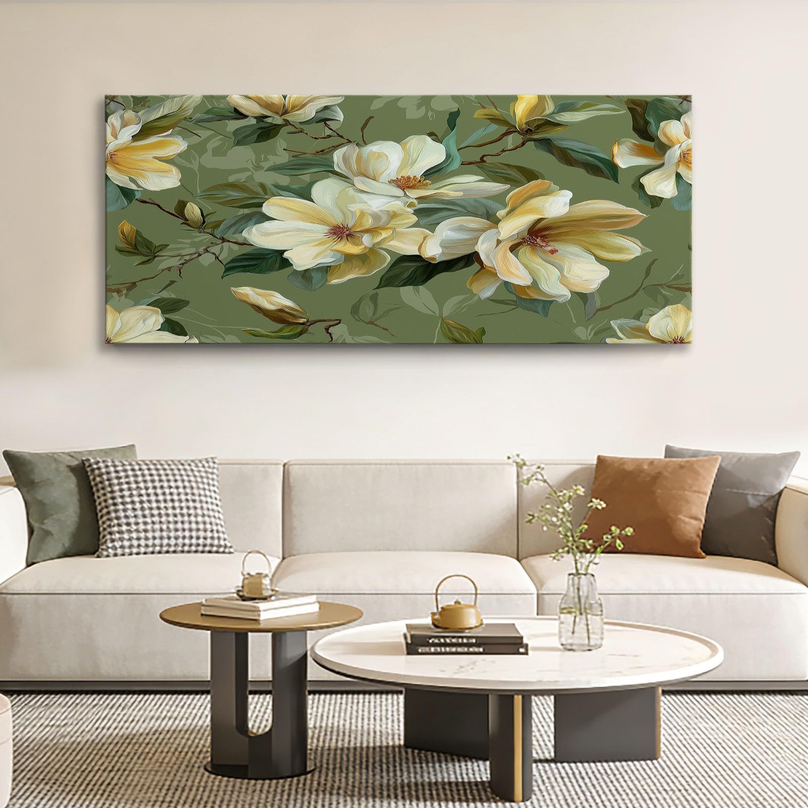Générique Quadro decorativo vintage floreale 90 x 60 cm - Stampa su tela verde - Decorazione da parete per soggiorno, camera da letto e ufficio - Piante Magnolia Foglie