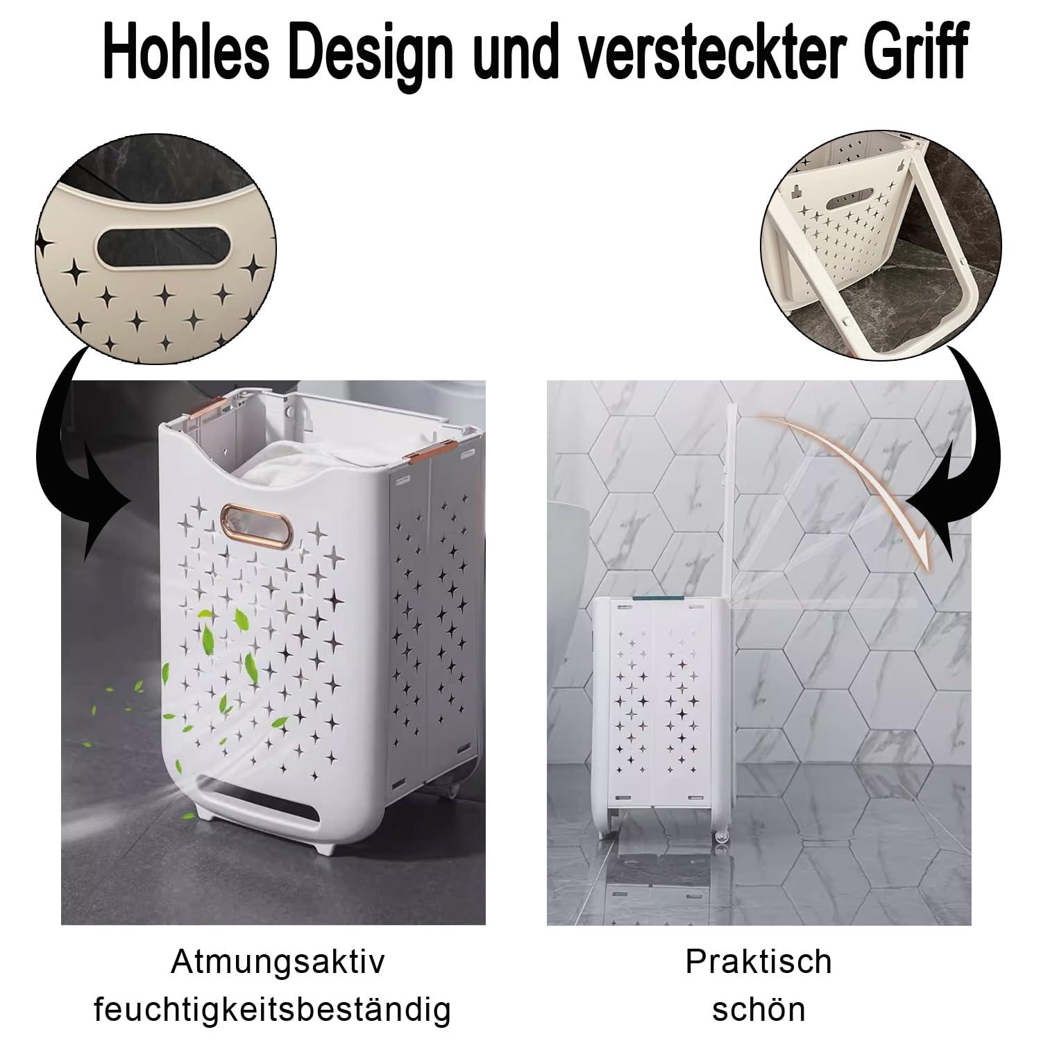 Hooha Faltbarer Wäschekorb Auf Rollen 2 Fächer Wäschekorb Plastik 77 Liter Wäschewagen für Schmutzwäsche/Spielzeug/Reinigungsmittel Aufbewahrung 34.5cm X 26cm X 75cm Storage Basket 2er Set