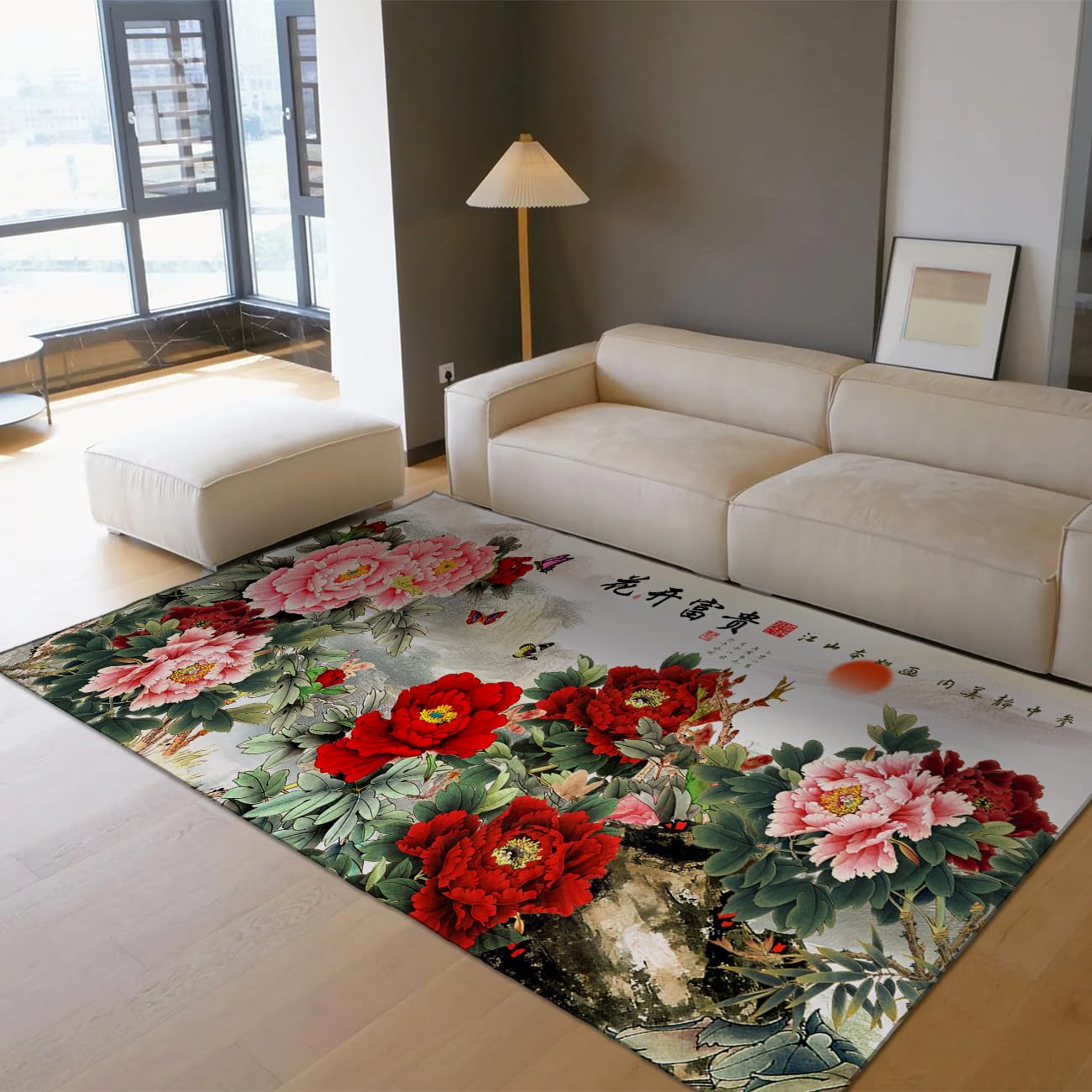 Tapis fin de fleurs orientales pivoine pour protéger le sol du salon 80x150