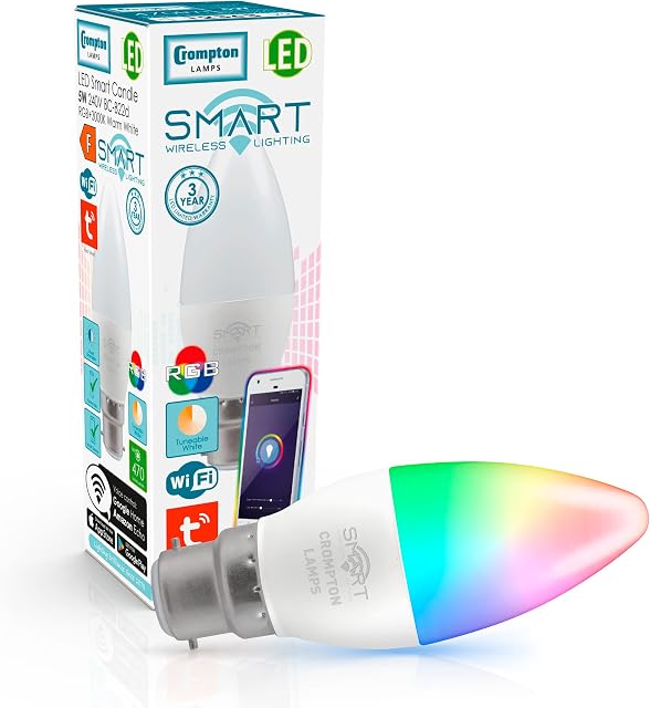 Crompton Lamps LED Smart WiFi Candle 5W BC-B22d Dimmable (40W Equivalent) 3000K Warm White + RGB Opal 470lm BC Bayonet B22 Amazon Alexa TUYA Colour Changing Thermal Plastic Google Home Light Bulb