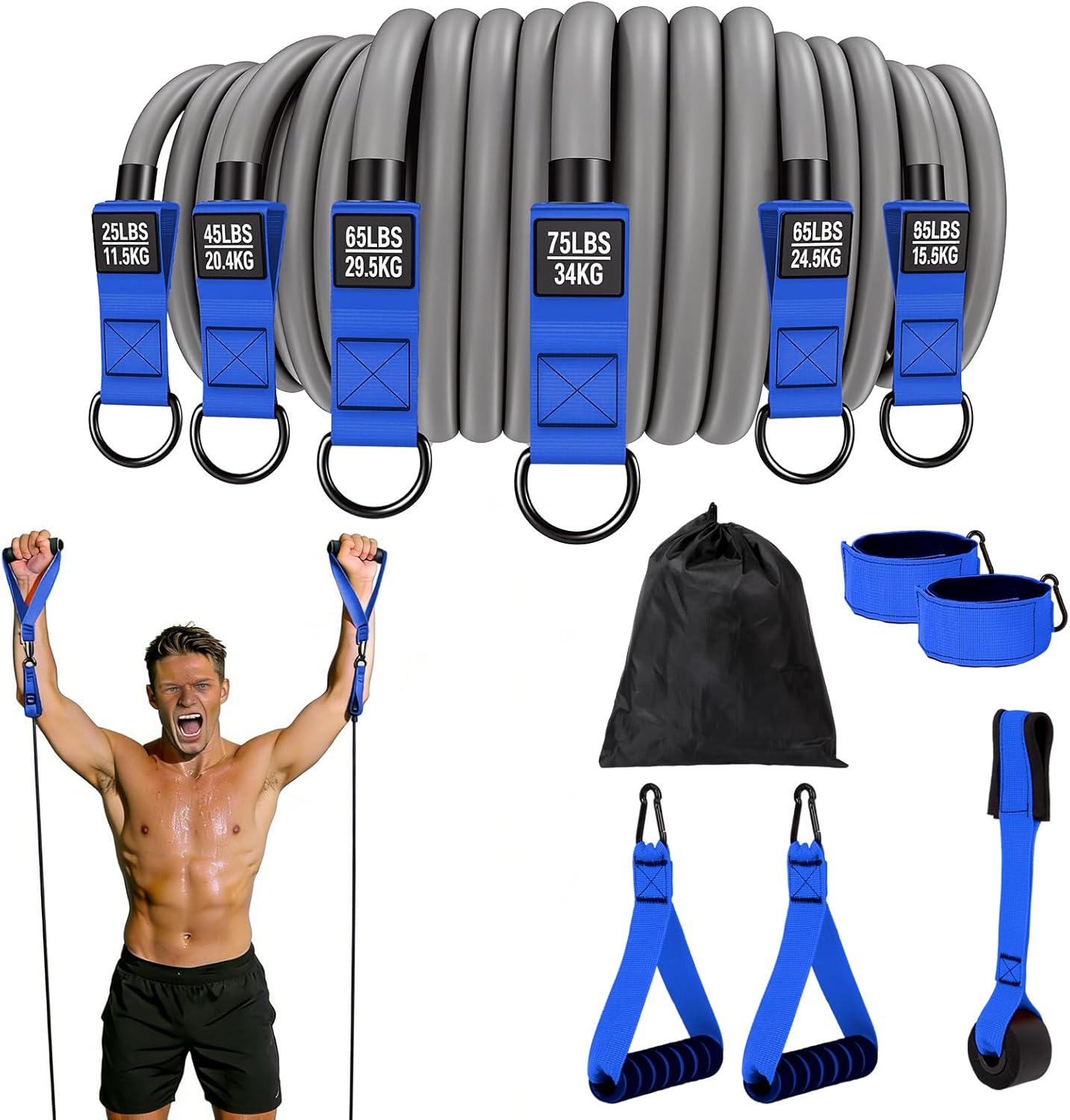 Heavy Duty Resistance Bands Set with Handles, Ankle Straps & Door Anchor – 300LBS Exercise Bands for Home Gym, Muscle Training, Physical Therapy, Yoga, Full Body Workout for Men & Women
