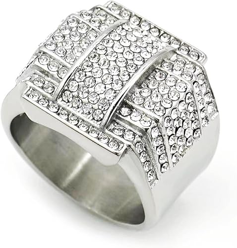 Anillo de doble capa con circonita cúbica para hombre, anillo cuadrado con circonita cúbica, anillo de hip hop, chapado en oro, acero inoxidable