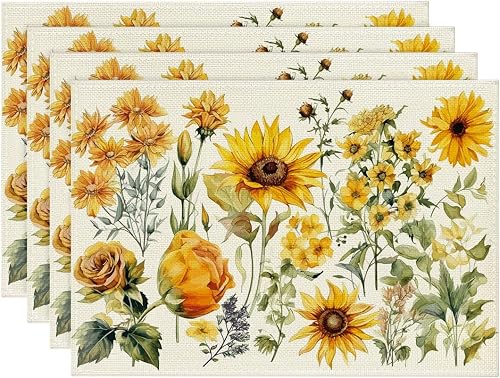Placemats Set of 4 Watercolor Sunflower Floral Place Mats Washable Table Dinner 