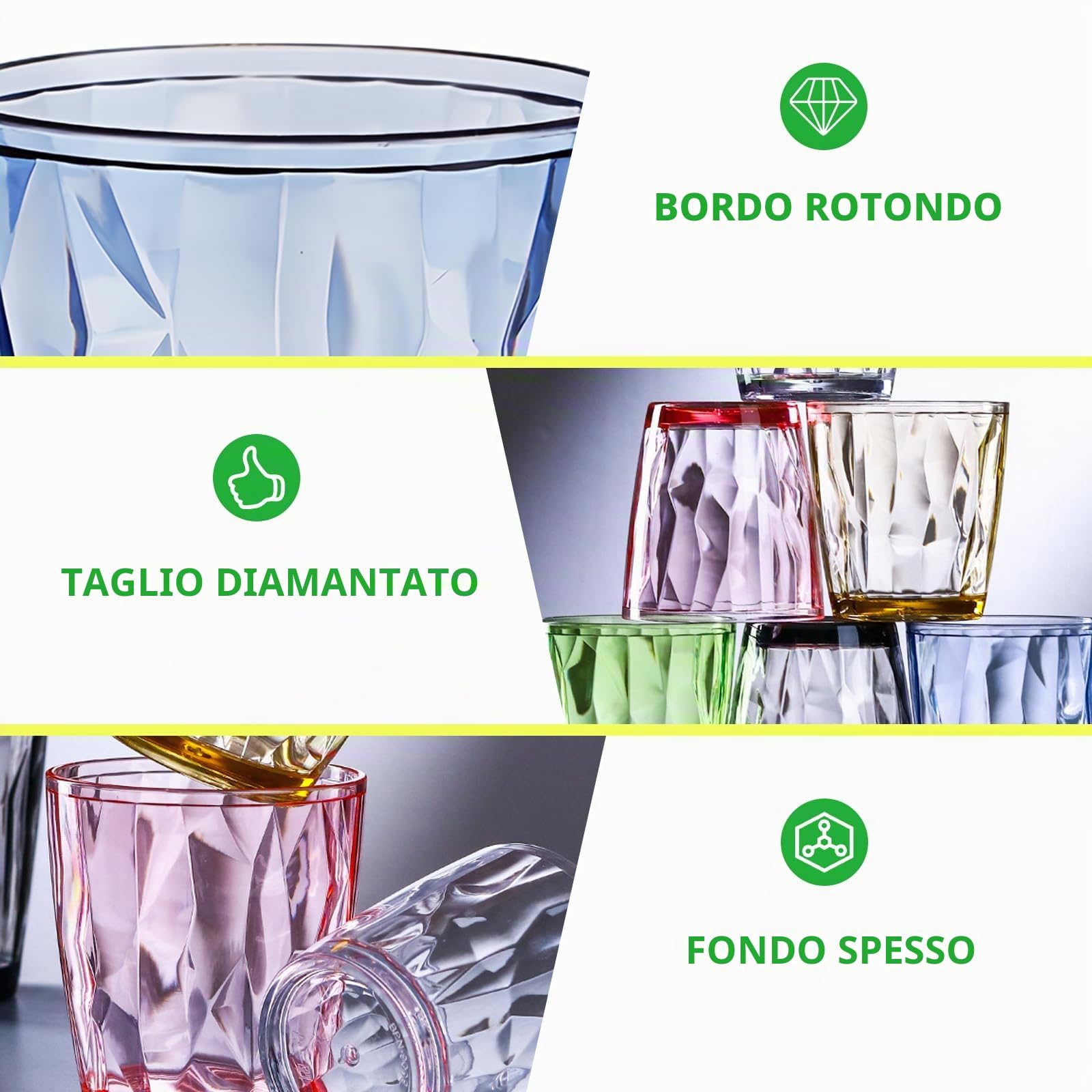 Bicchieri Acqua Colorati, 6 Pezzi 300ml Bicchieri Plastica Colorati, Riutilizzabili Bicchieri per Acqua in Plastica, Impilabili Bicchieri Colorati Acrilico, Bicchieri Da Bere in Plastica Colorata