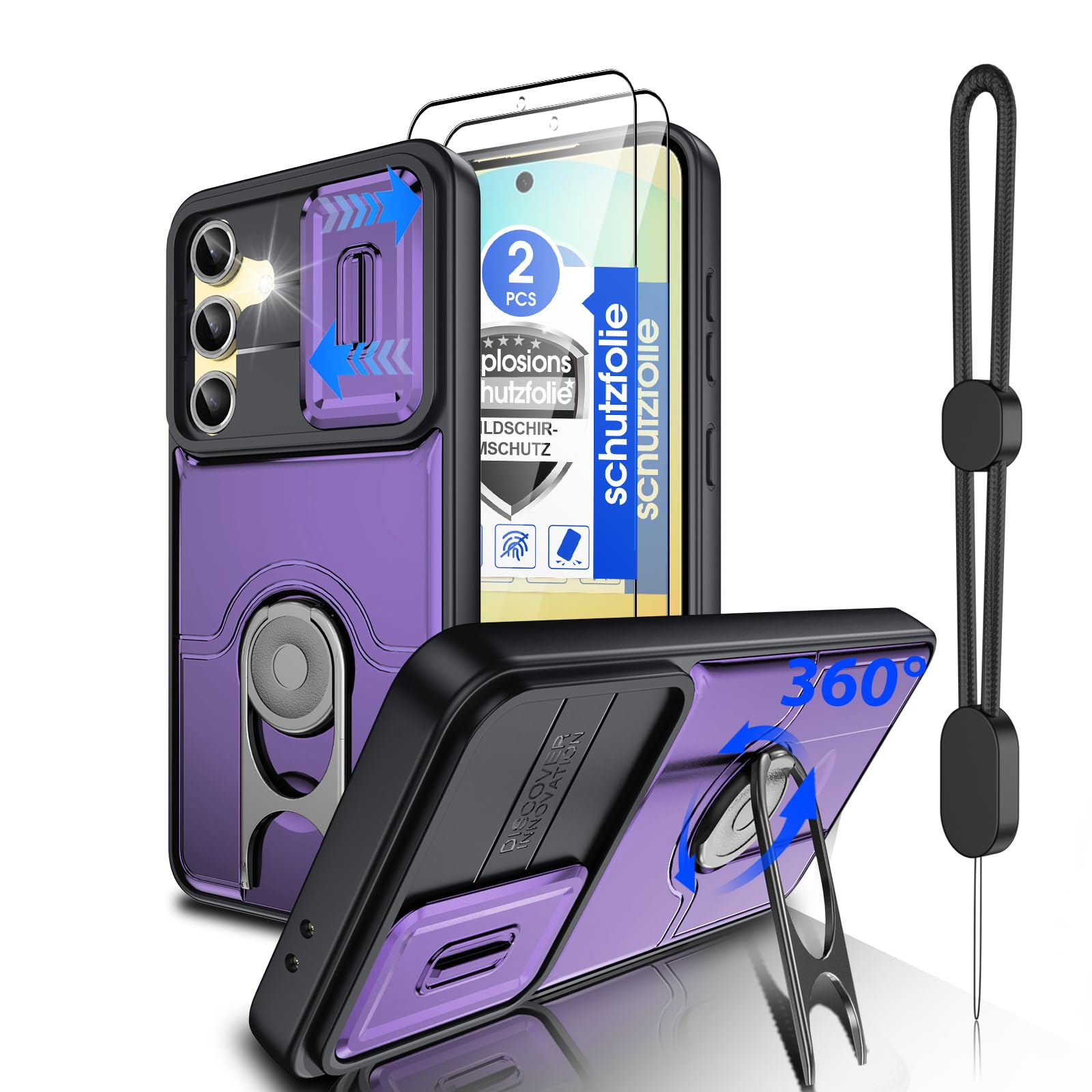 Dizn for Samsung Galaxy S24 FE Case:[Not Fit Samsung S24+] with 2 PCS Screen Protector,Slide Camera Cover &amp; 360°Ring Stand,Non-Slip Case Military-Grade Shockproof for Galaxy S24FE,Purple