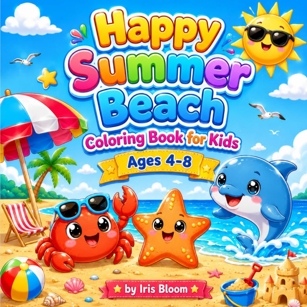 Happy Summer Beach Coloring Book for Kids Ages 4-8: Fun Ocean Adventures, Sandcastles, Sea Animals and Bold Easy Designs