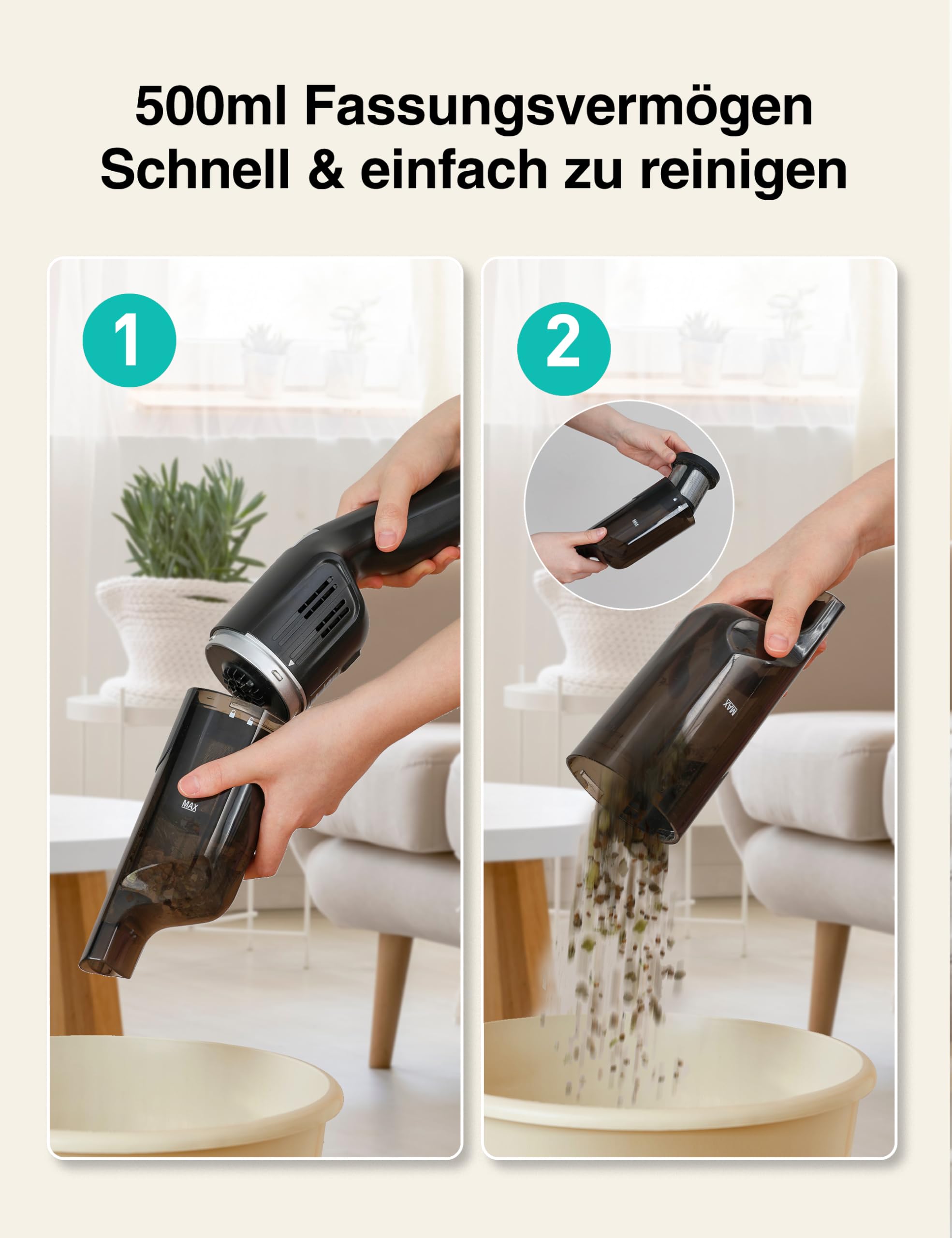 Aspiron Handstaubsauger Akku, 18000Pa & Schnellladestation, Starke Absaugung, HEPA-Filter, Akkusauger Klein für Autos, Zuhause, Schwarz