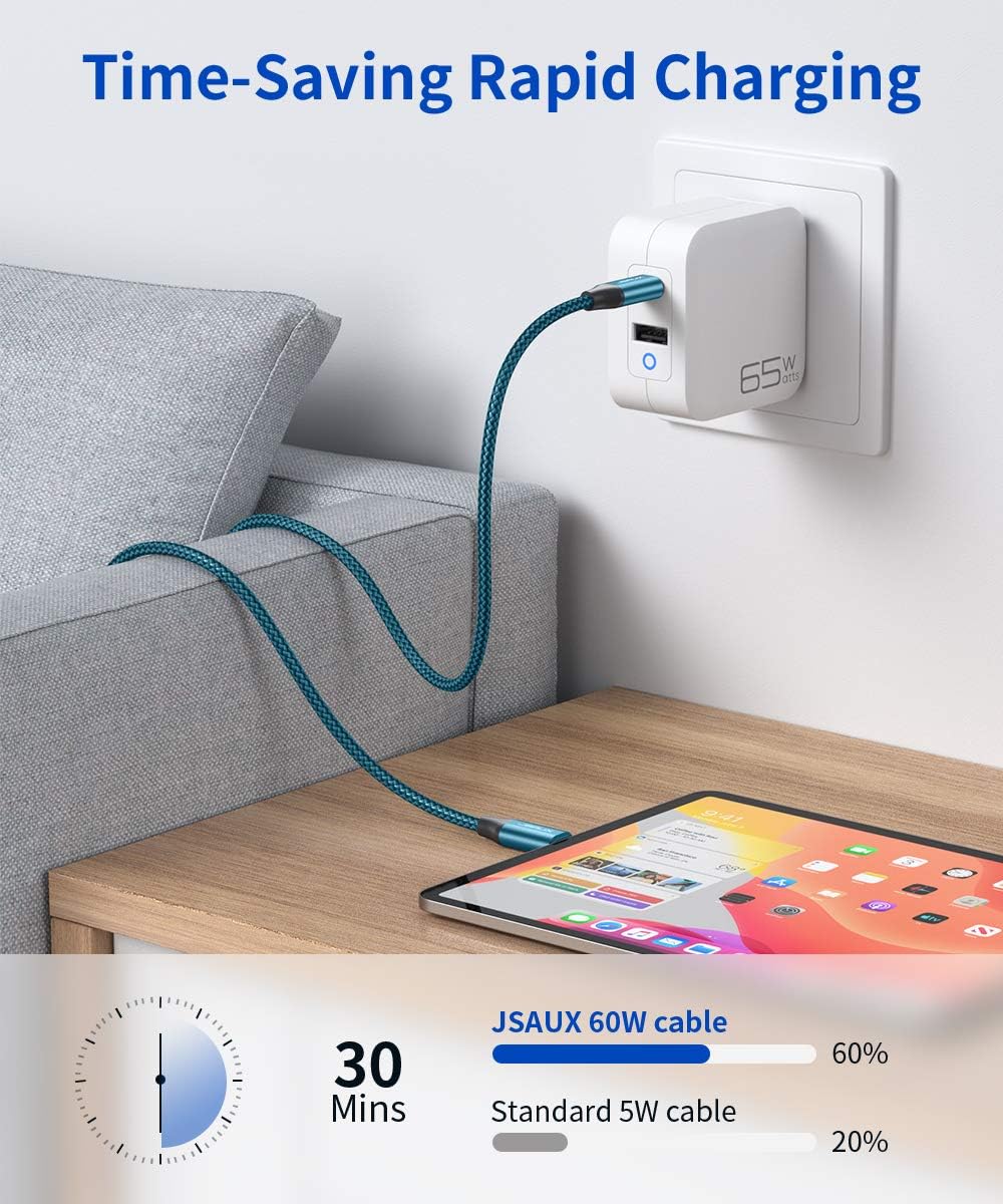 USB C to USB C 60W Cable, JSAUX 3-Pack [10ft+6.6ft+3.3ft] USB Type C Charger Cord Compatible with Samsung Galaxy S20+ Note 20 Ultra Note 10+, iPad Pro 2020/2018, Pixel 2/3/3a/4 XL, etc-Green