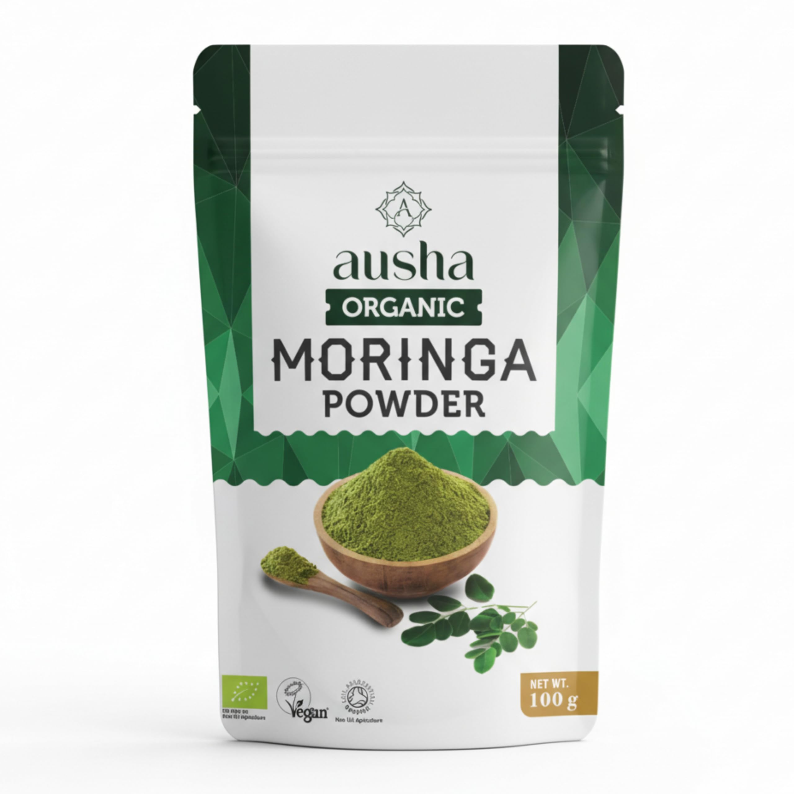 Ausha Organic Moringa Powder 100 g - UK Certified Organic by Soil Association - Oleifera Leaf - Source of Protein, Amino Acids, Antioxidants, Dietary Fibre, Vitamins & Minerals