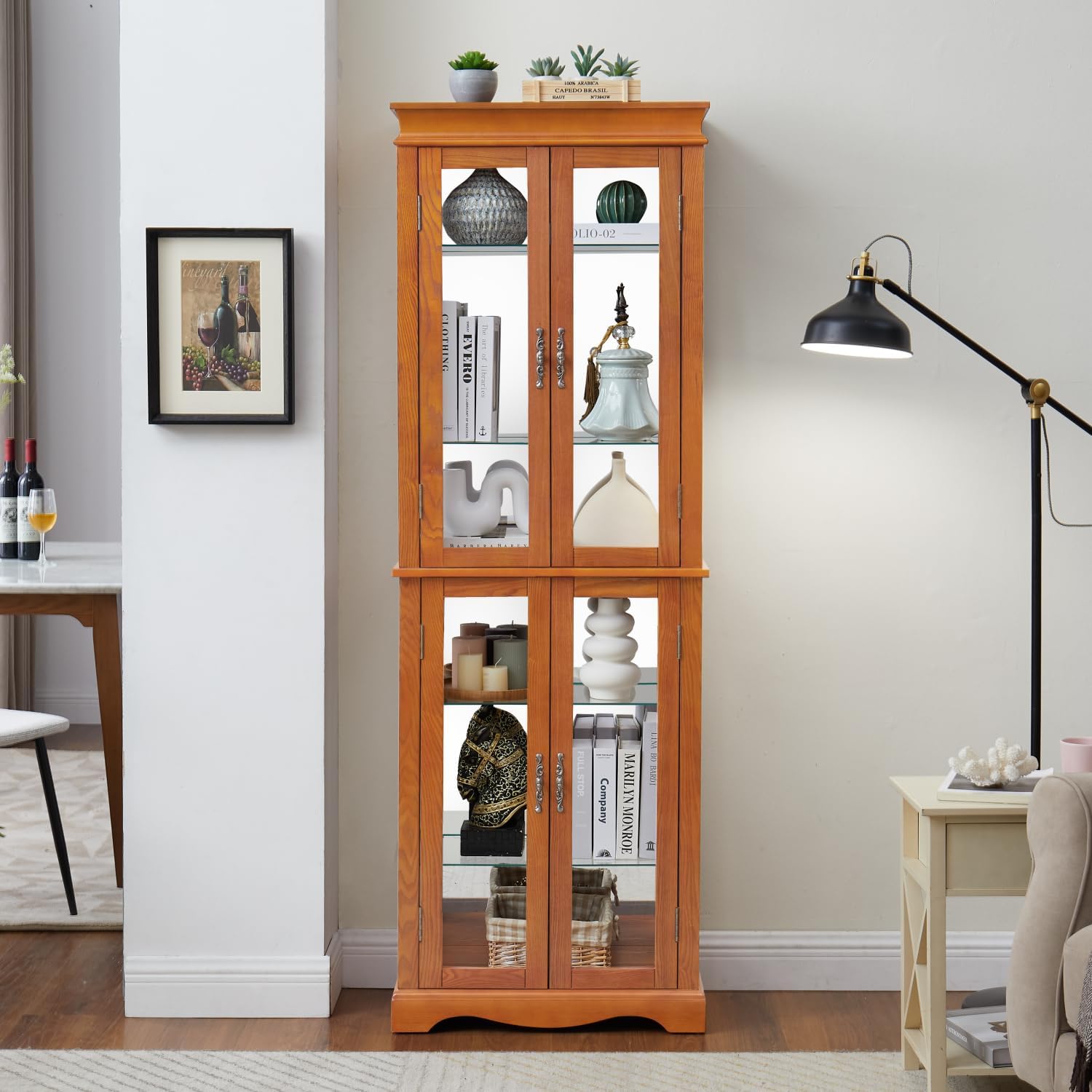 Lighted Glass Curio Display Cabinet with Wood Frame - Elegant Storage for Collectibles