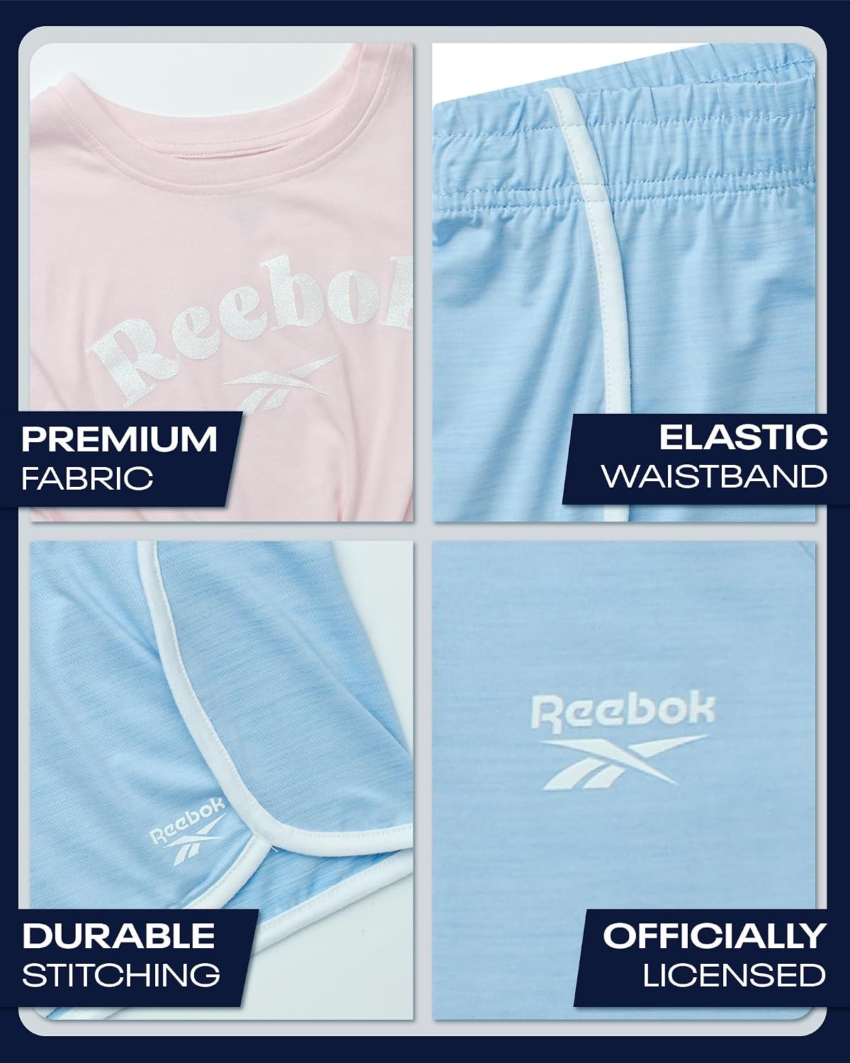 Reebok Girls 3-Piece Knit Tops & Running Gym Shorts Set for Sports & Play