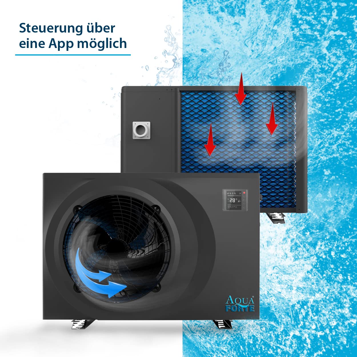 AquaForte Full Inverter Wärmepumpe 7,2 Kilowatt , 7.32 AMP, Leistungsaufnahme Kilowatt 0.10 1.61, Kann sowohl kühlen als auch heizen, geeignet für Schwimmbecken, Schwarz