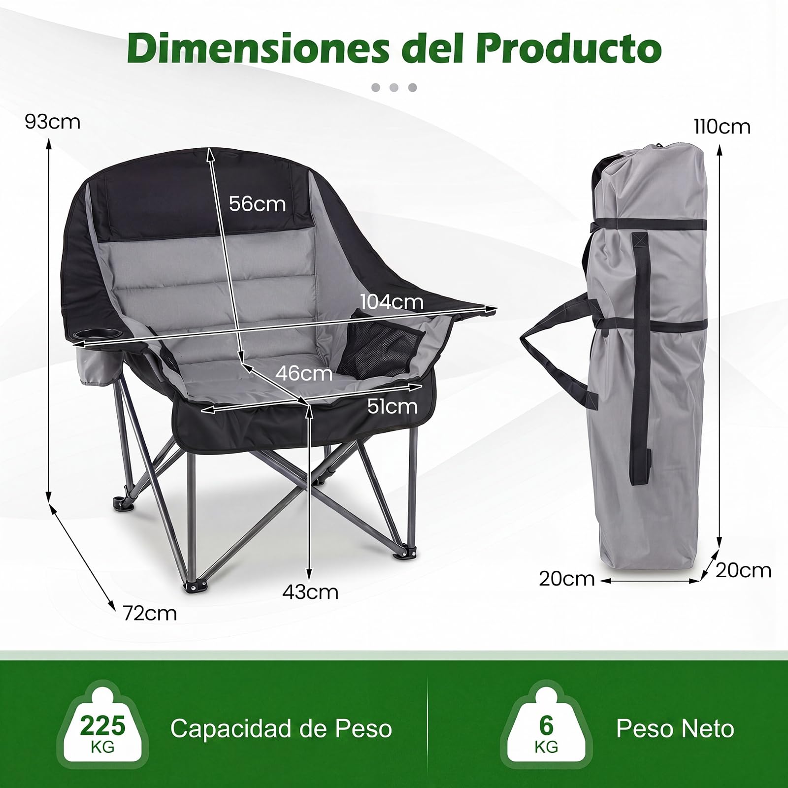 COSTWAY Silla de Camping Extragrande y Acholchada, Silla Plegable Portátil con Bolsillos Laterales, Portavasos, Bolsa de Transporte, Playa Pesca, Carga 225 kg,72 x 104 x 93 cm (Gris)